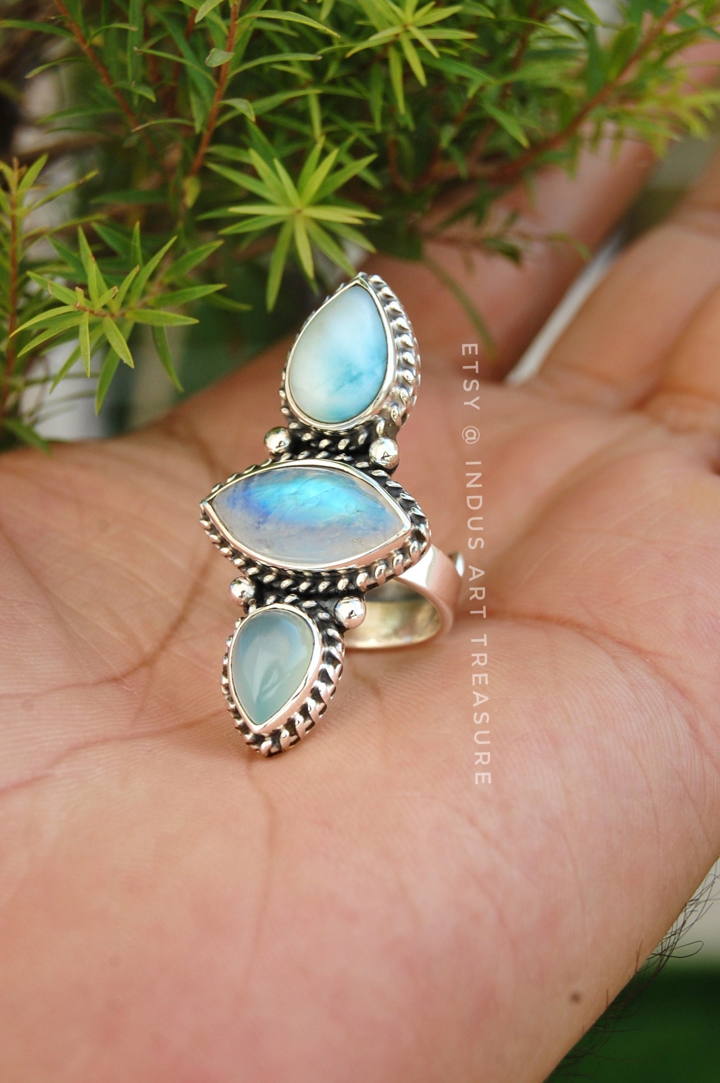 Rainbow Moonstone- Larimar Three Stone Ring