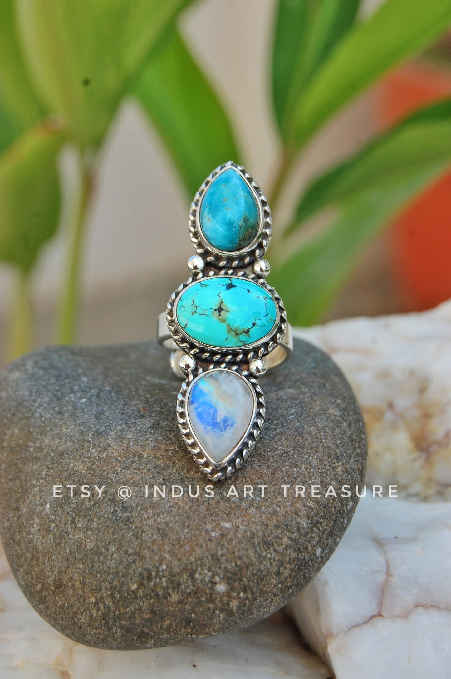 Rainbow Moonstone- Larimar Statement Ring