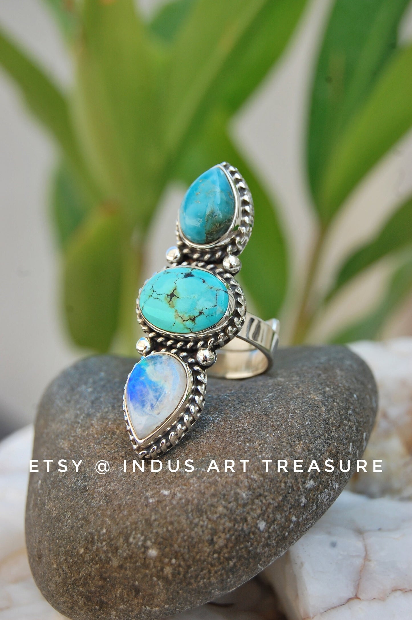Rainbow Moonstone- Larimar Statement Ring