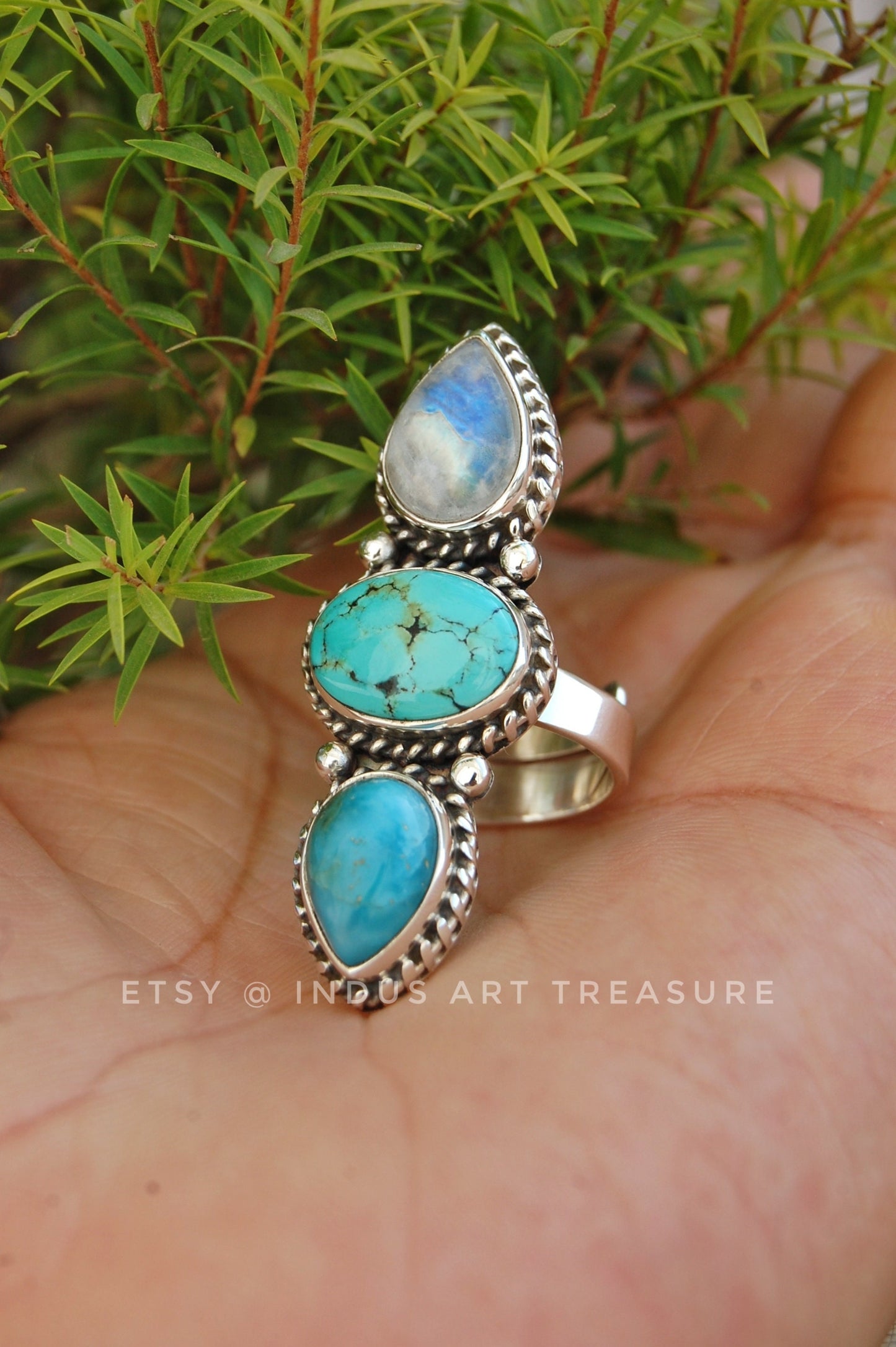 Rainbow Moonstone- Larimar Statement Ring