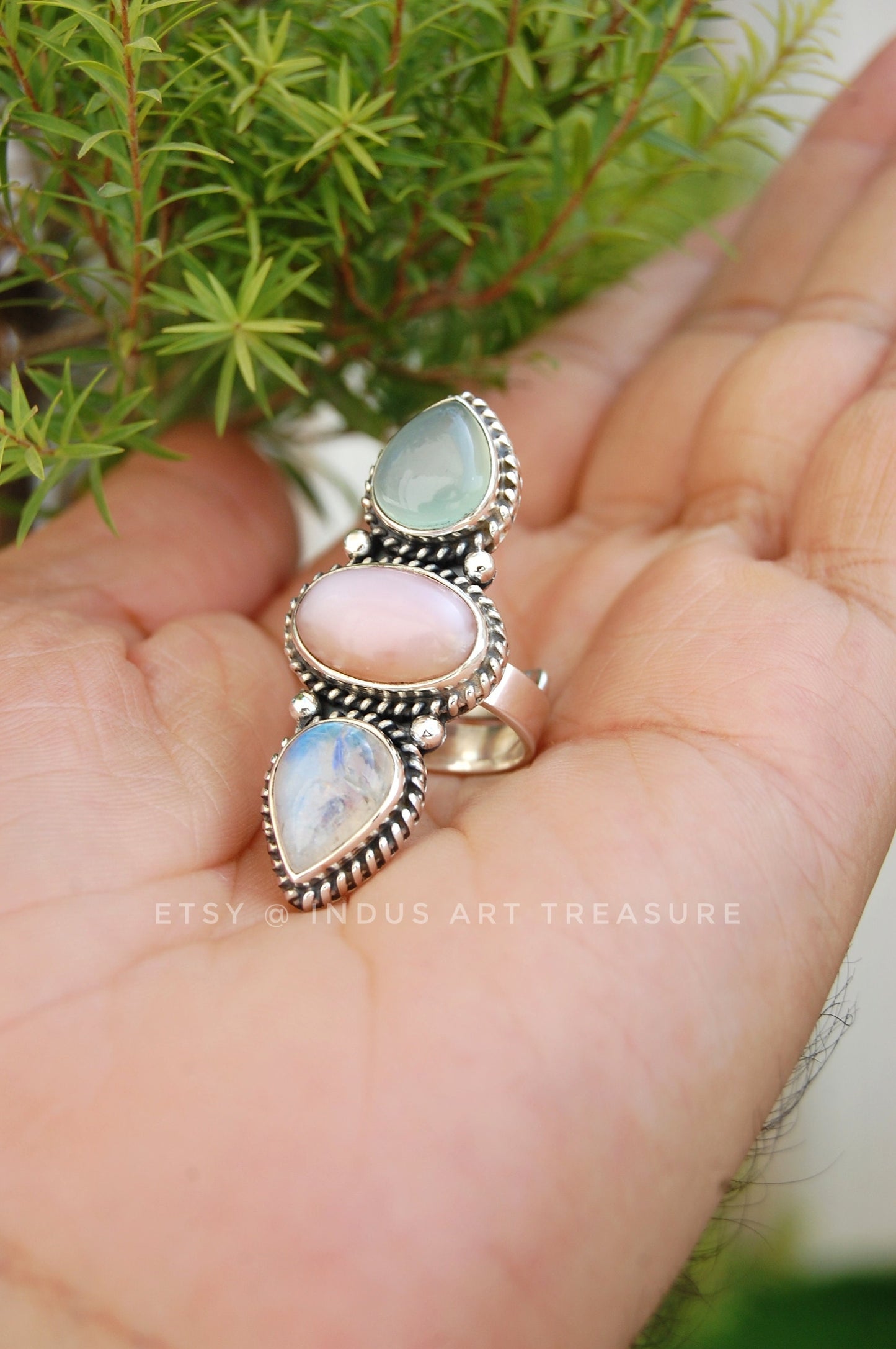 Rainbow Moonstone- Larimar Three Stone Ring