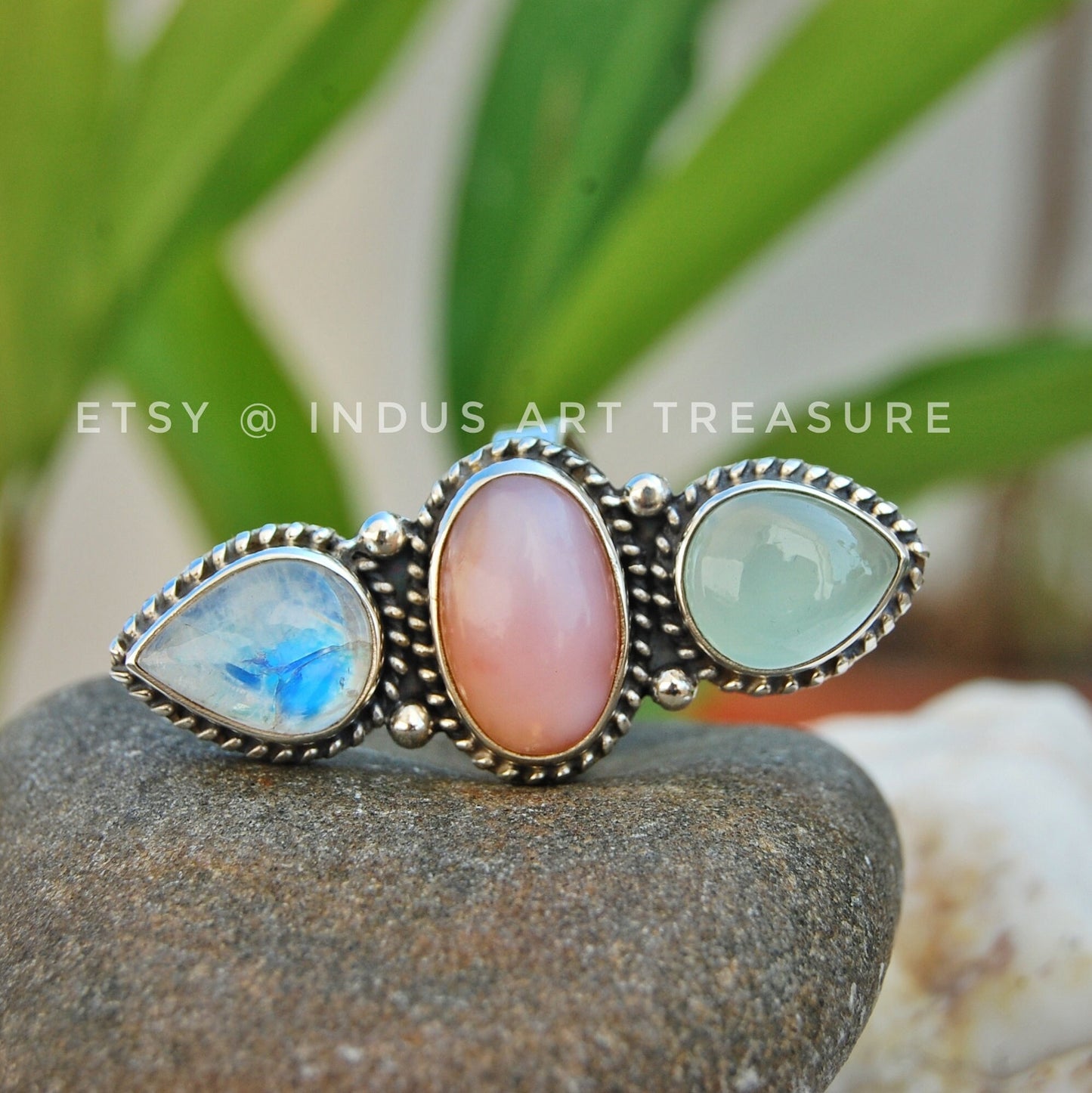Rainbow Moonstone- Larimar Three Stone Ring