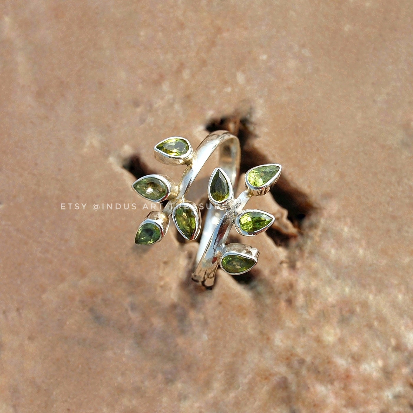 Olive Green Peridot Leaf Branch Ring