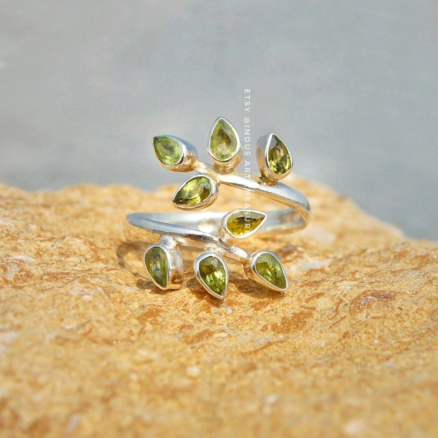 Olive Green Peridot Leaf Branch Ring