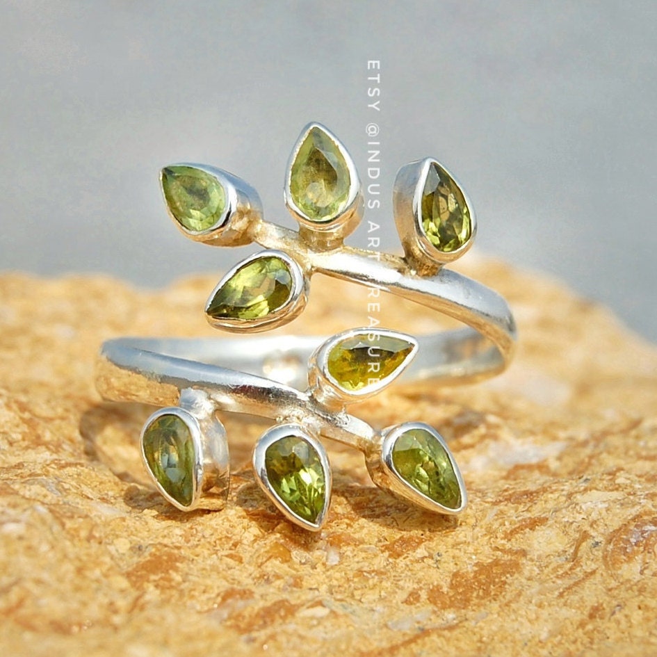 Olive Green Peridot Leaf Branch Ring