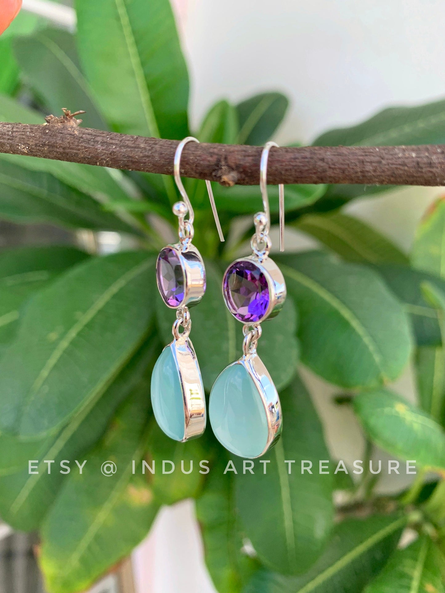Amethyst -Aqua Chalcedony Dangle Earrings