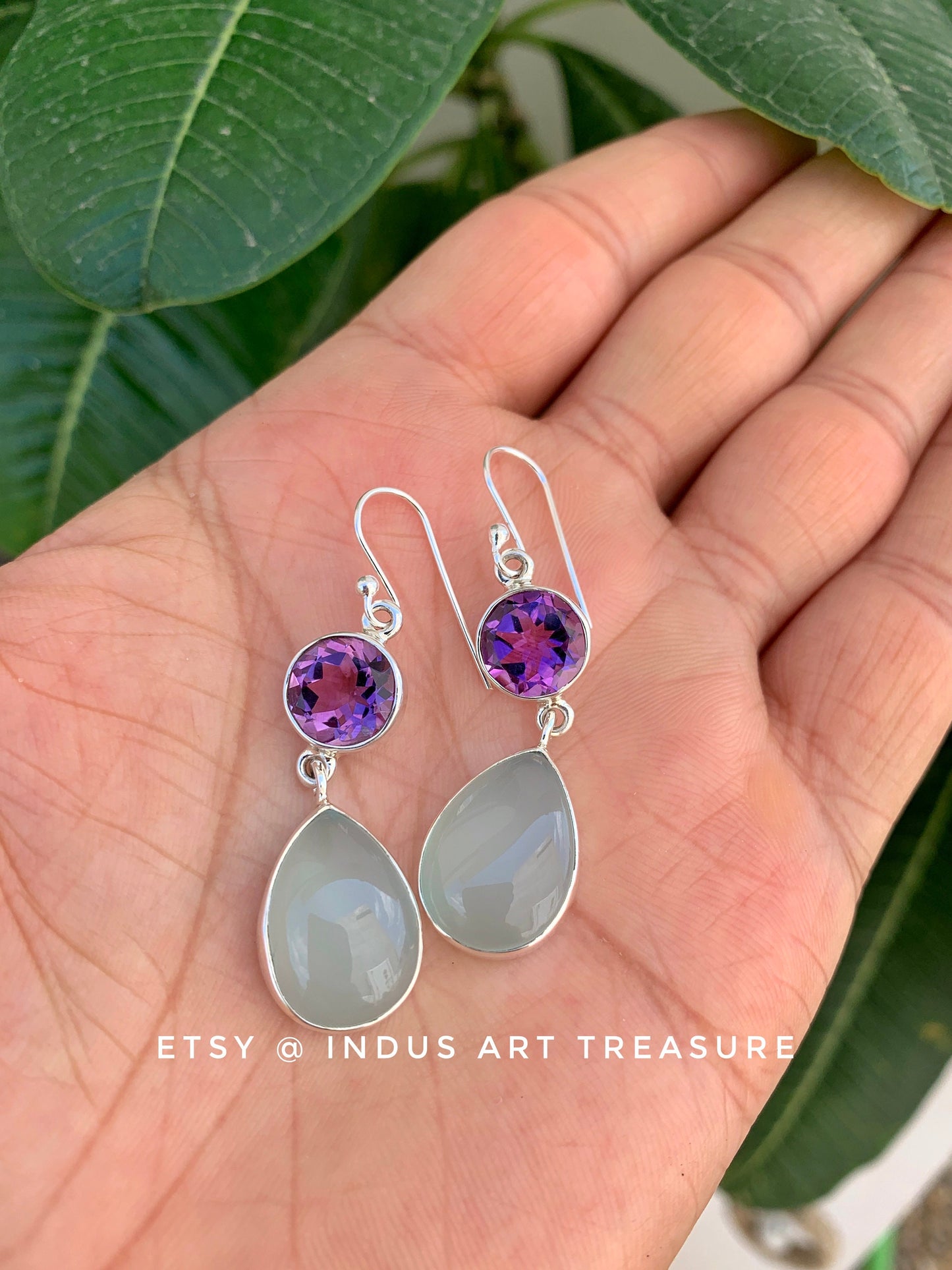 Amethyst -Aqua Chalcedony Dangle Earrings