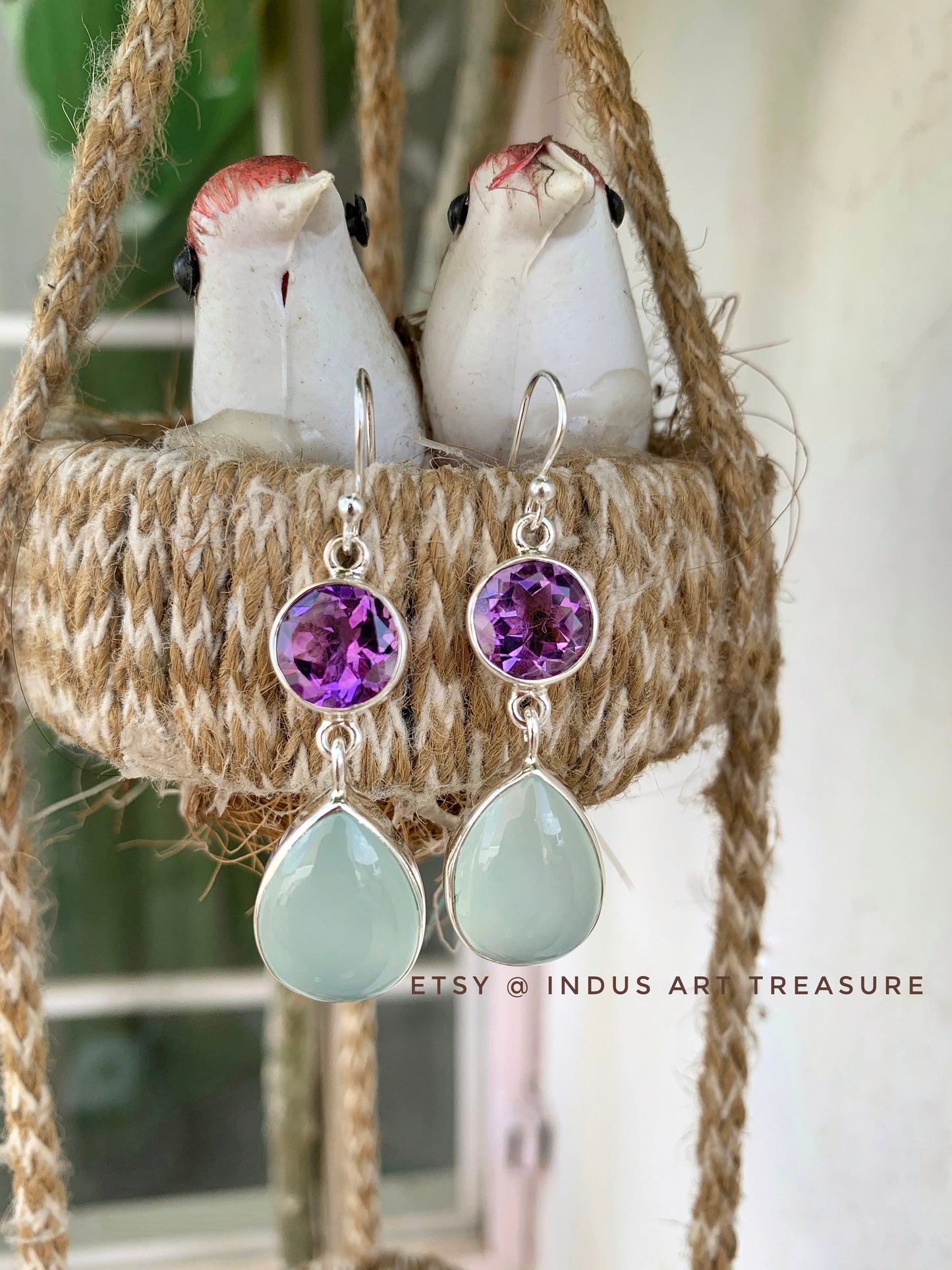 Amethyst -Aqua Chalcedony Dangle Earrings
