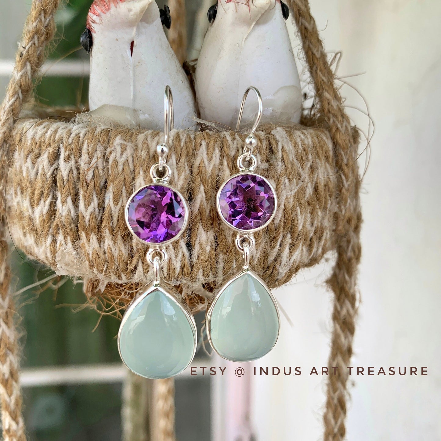 Amethyst -Aqua Chalcedony Dangle Earrings