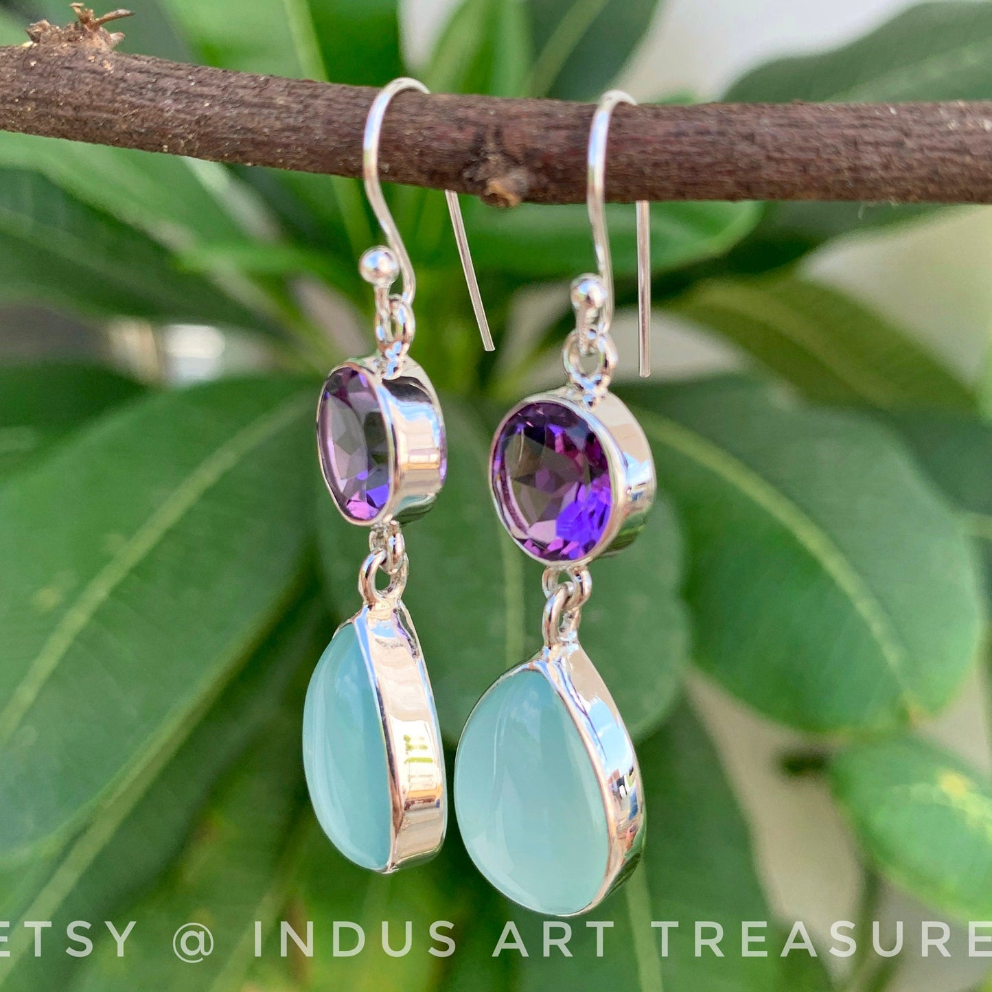 Amethyst -Aqua Chalcedony Dangle Earrings