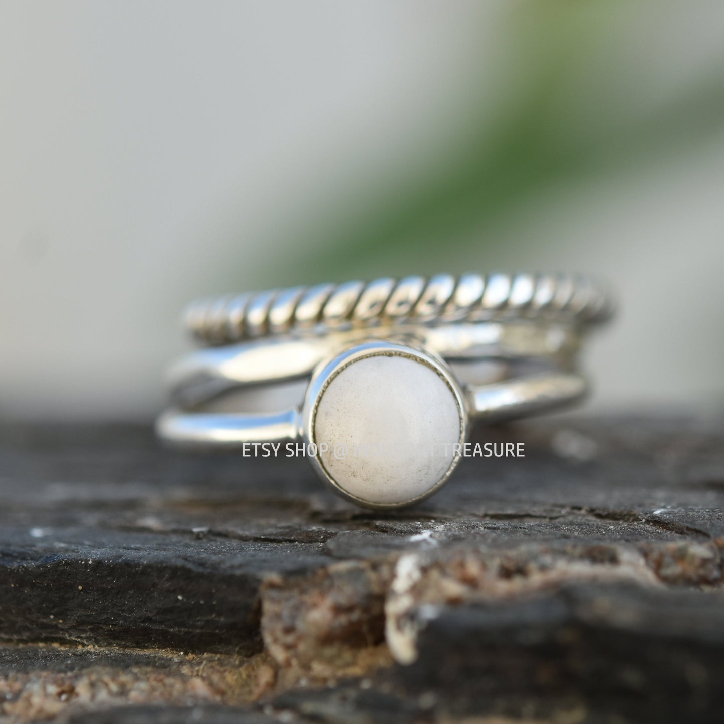White Agate Combo Stacking Ring Set