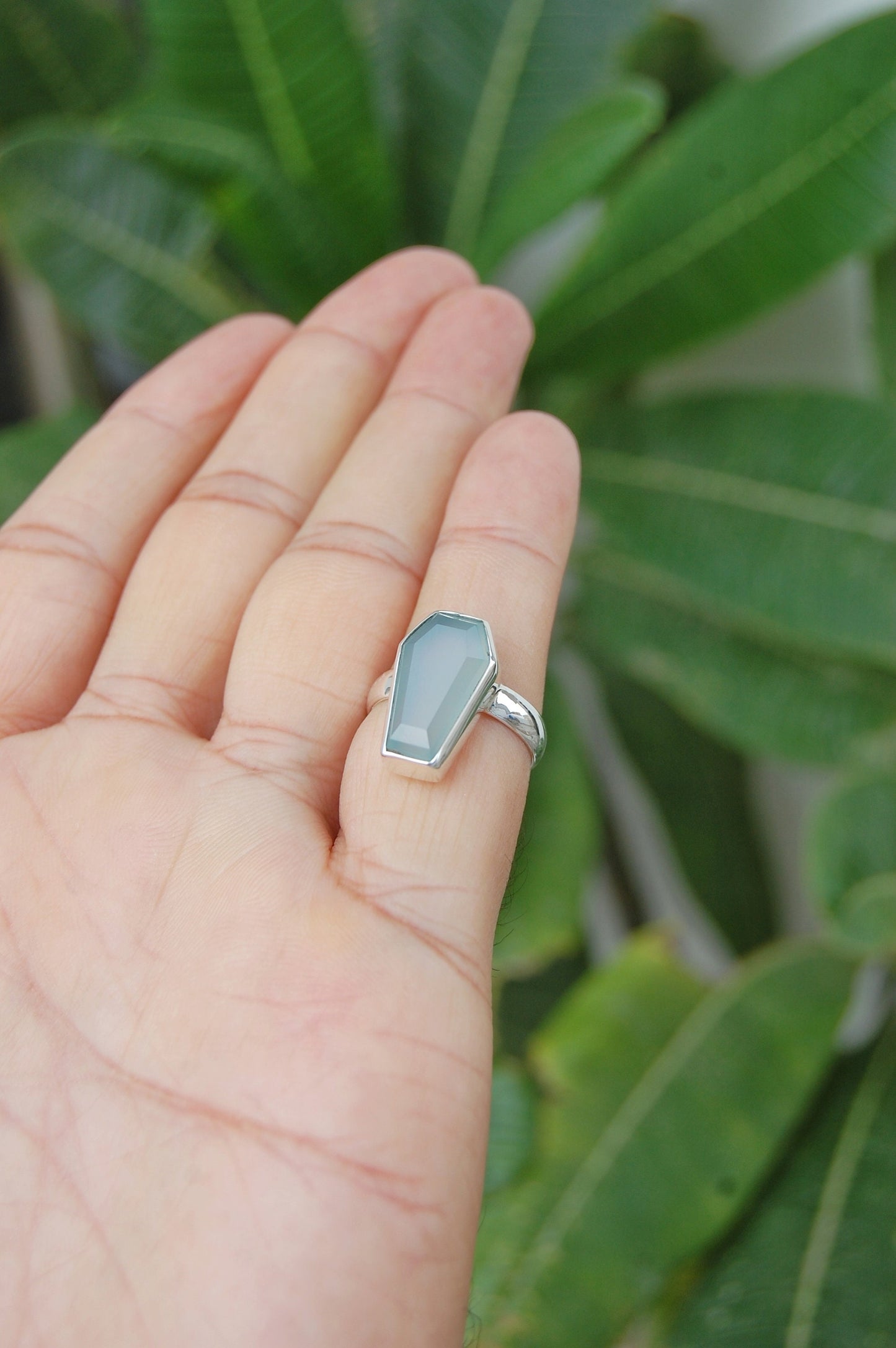 Aqua Chalcedony Coffin Shape Ring