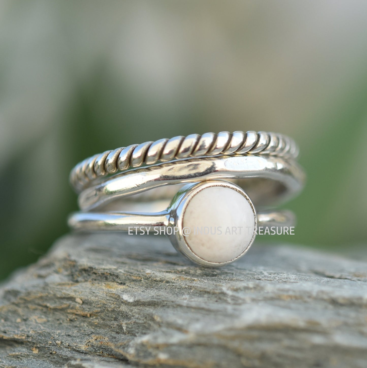 White Agate Combo Stacking Ring Set