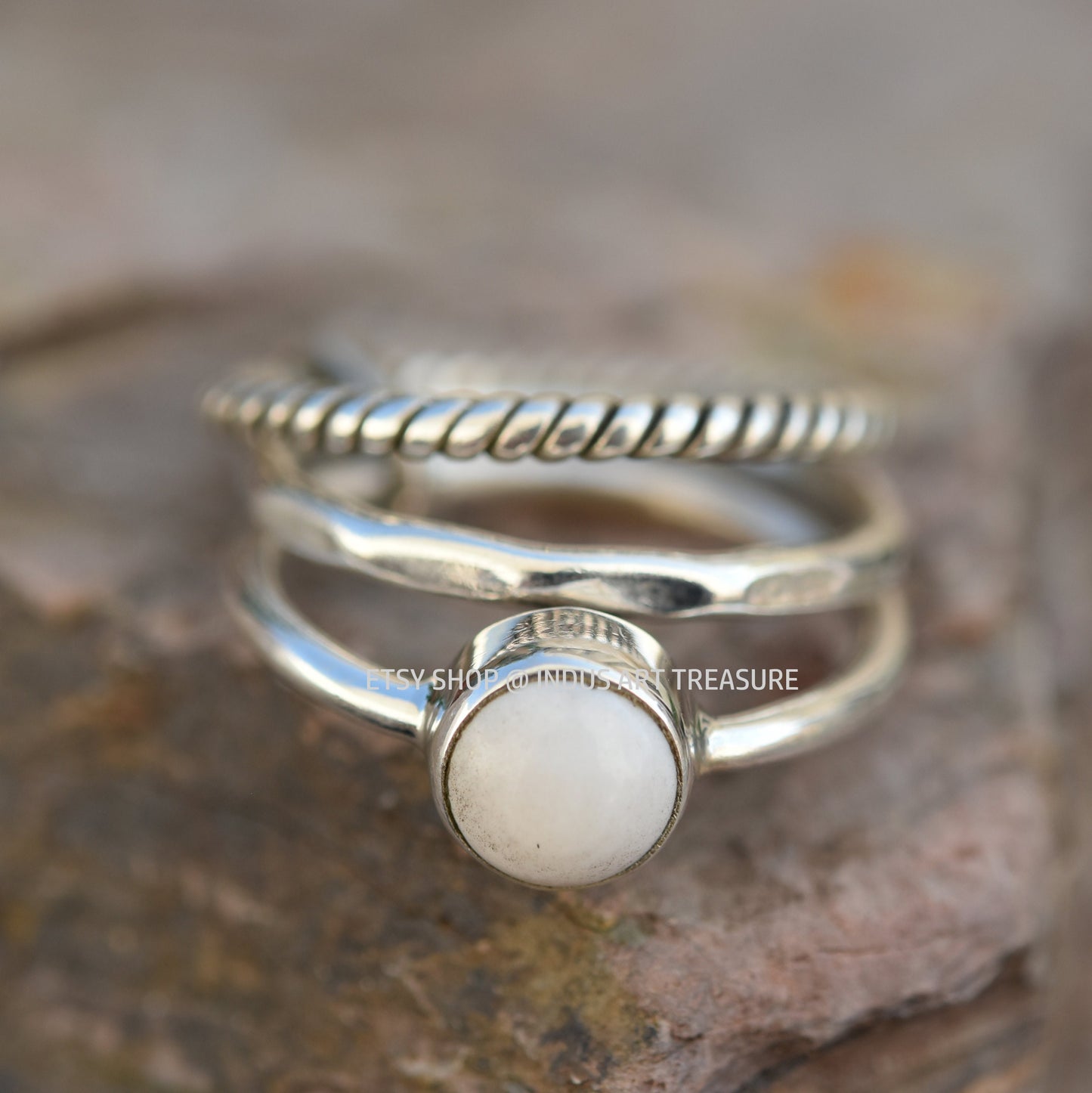 White Agate Combo Stacking Ring Set
