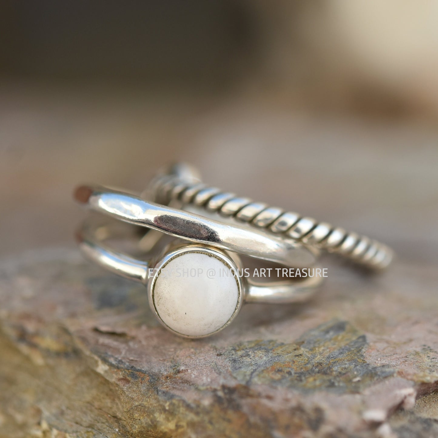 White Agate Combo Stacking Ring Set