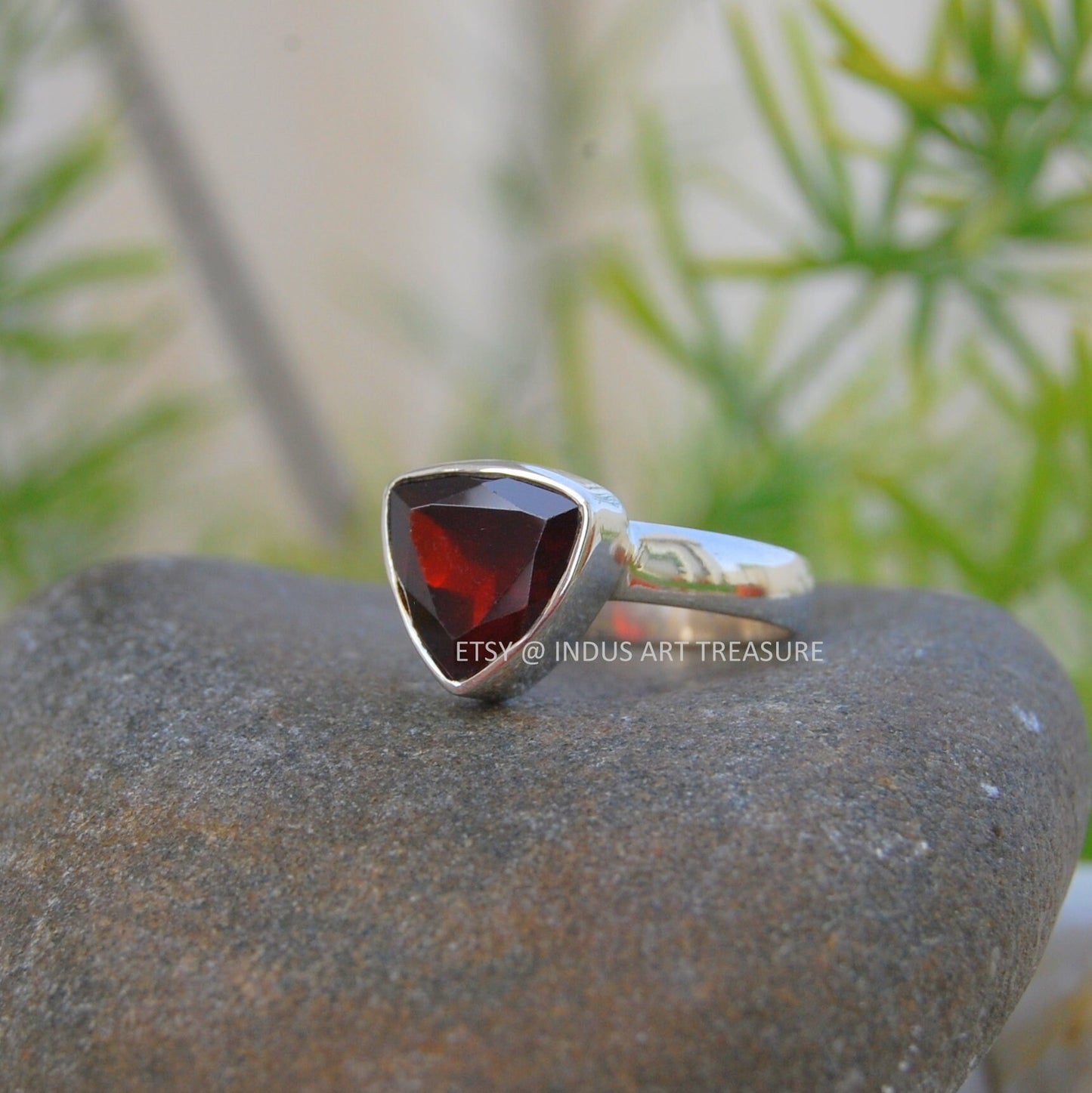 Red Garnet Trillion Shape Ring