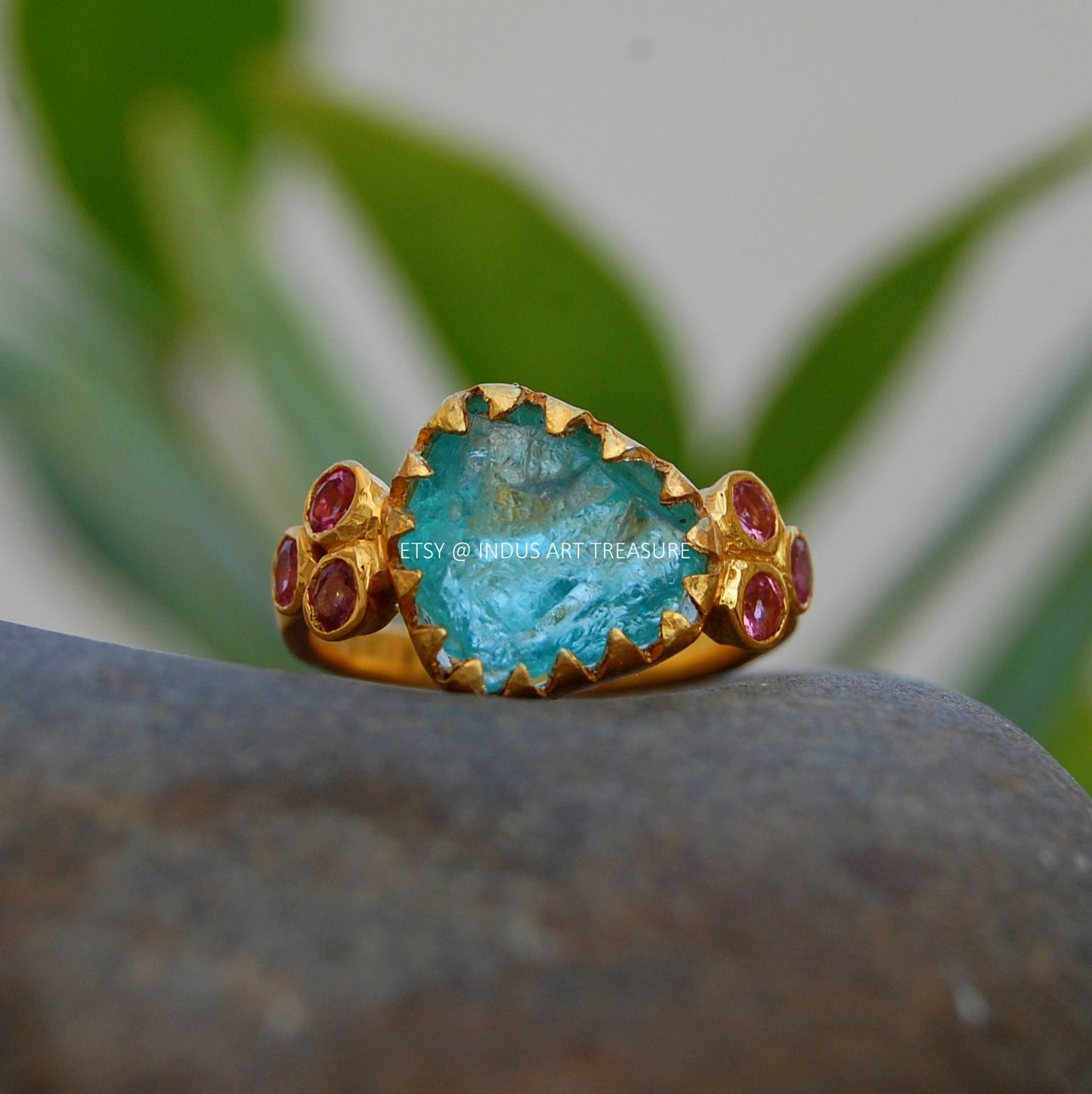 Blue Apatite- Tourmaline Gold Plated Ring