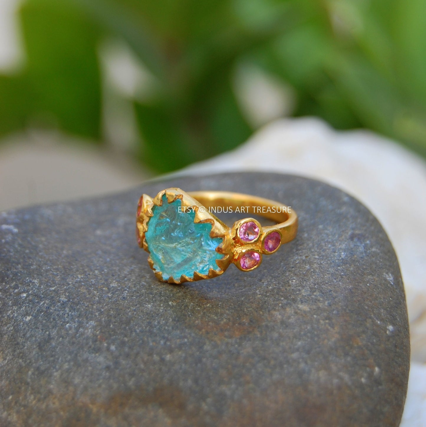 Blue Apatite- Tourmaline Gold Plated Ring