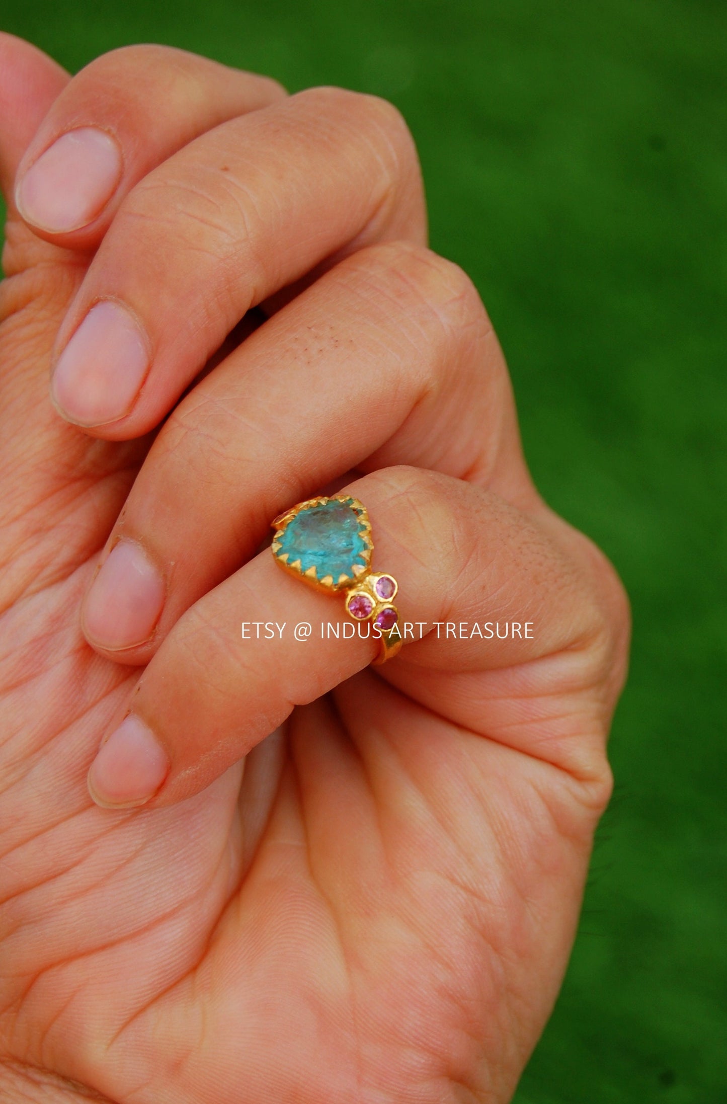 Blue Apatite- Tourmaline Gold Plated Ring