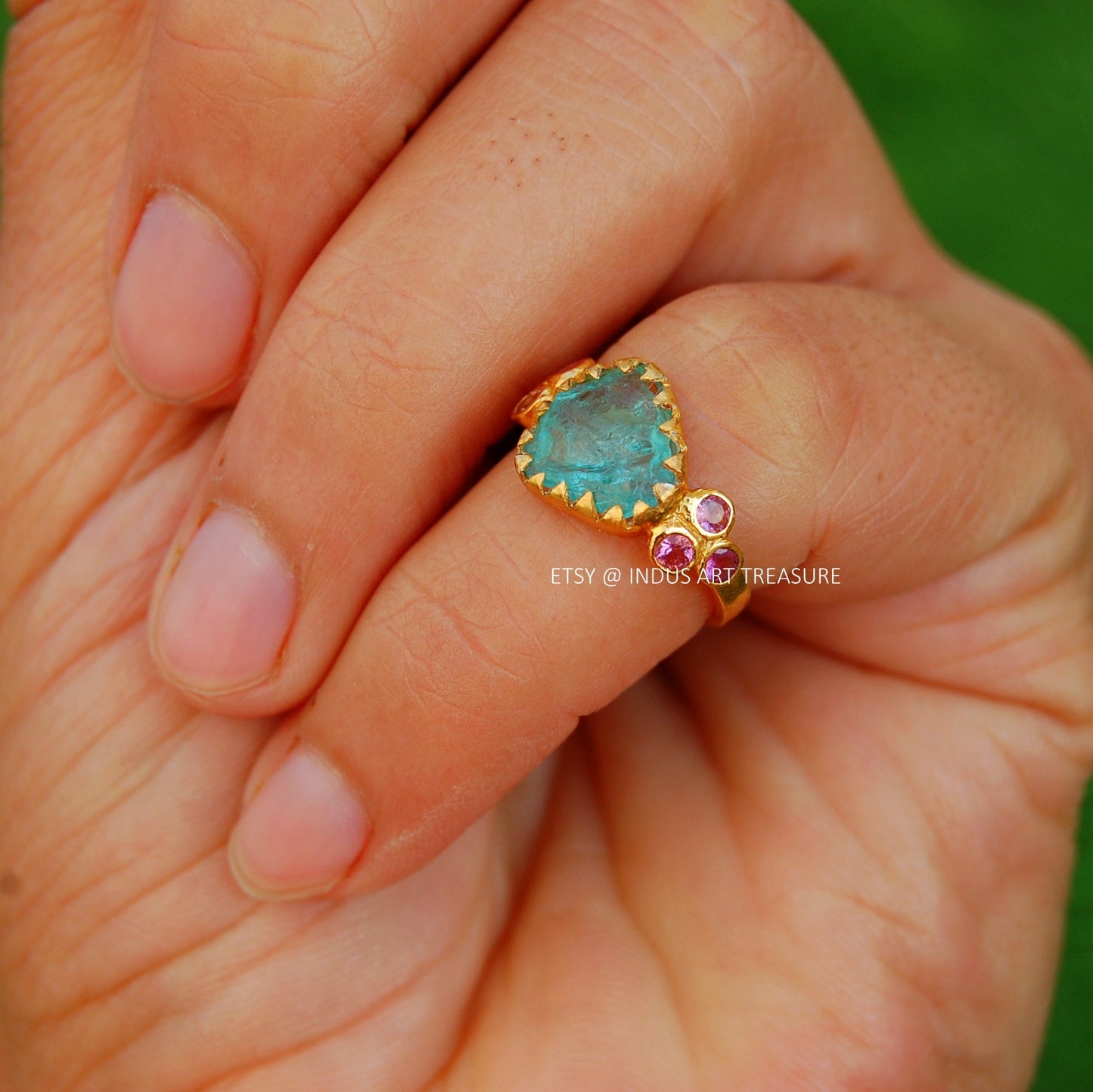 Blue Apatite- Tourmaline Gold Plated Ring