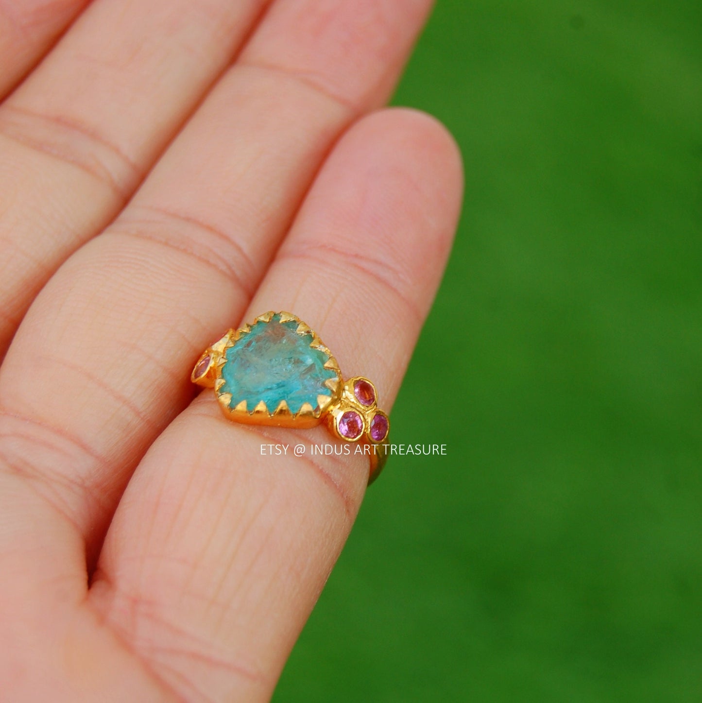 Blue Apatite- Tourmaline Gold Plated Ring