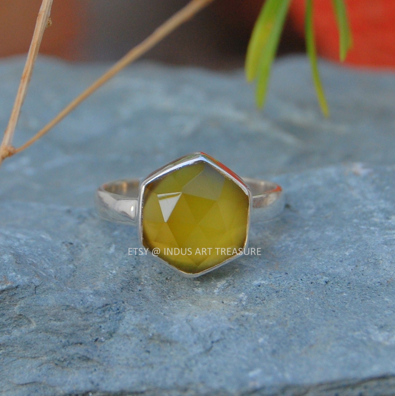 Yellow Onyx Dainty Silver Ring