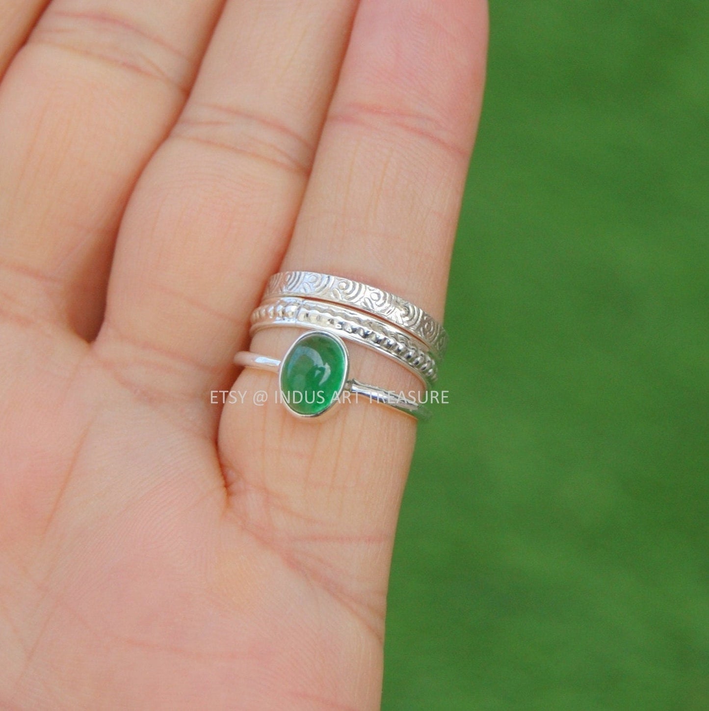 Natural Green Jade Stacking Ring Set