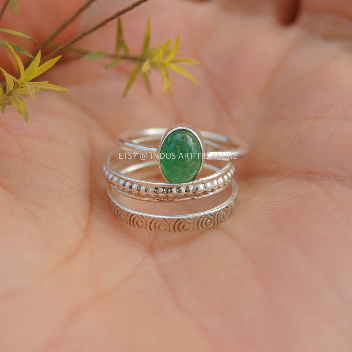 Natural Green Jade Stacking Ring Set