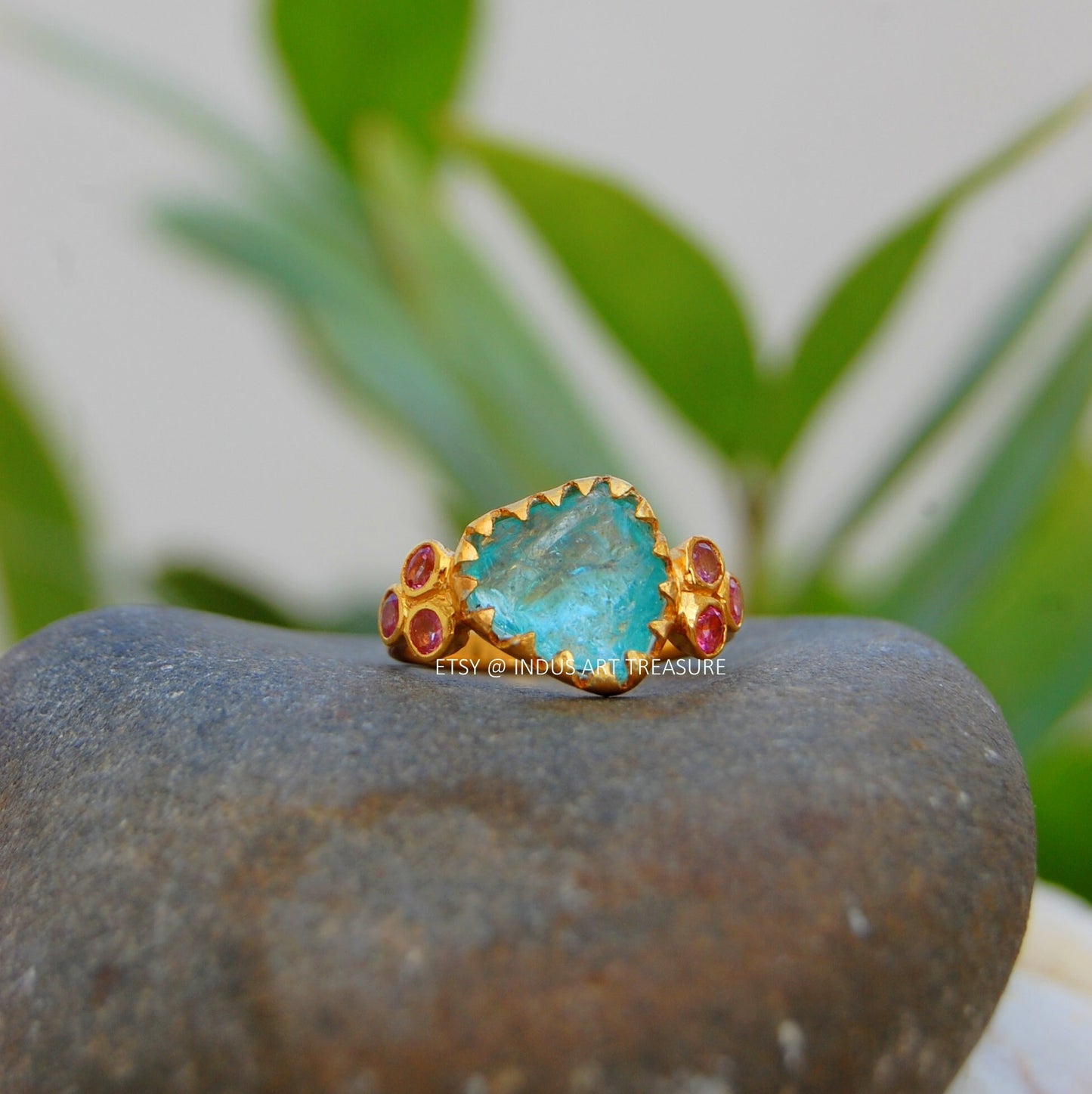 Blue Apatite- Tourmaline Gold Plated Ring