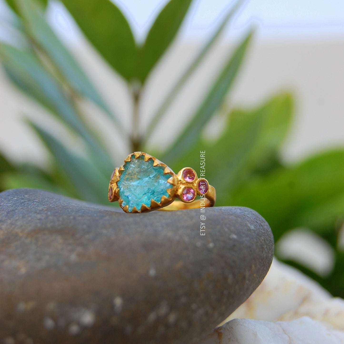 Blue Apatite- Tourmaline Gold Plated Ring