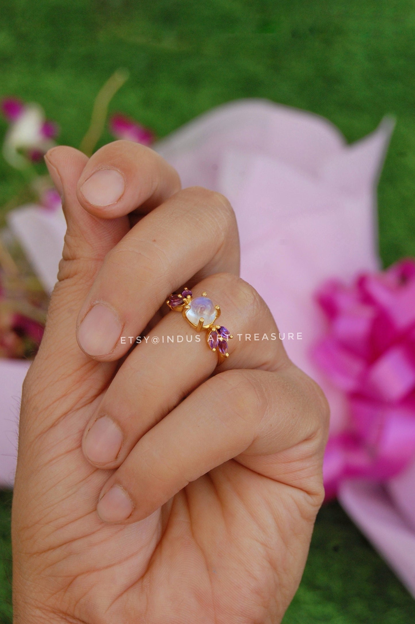 Rainbow Moonstone -Amethyst Dainty 18k Gold Plated Ring