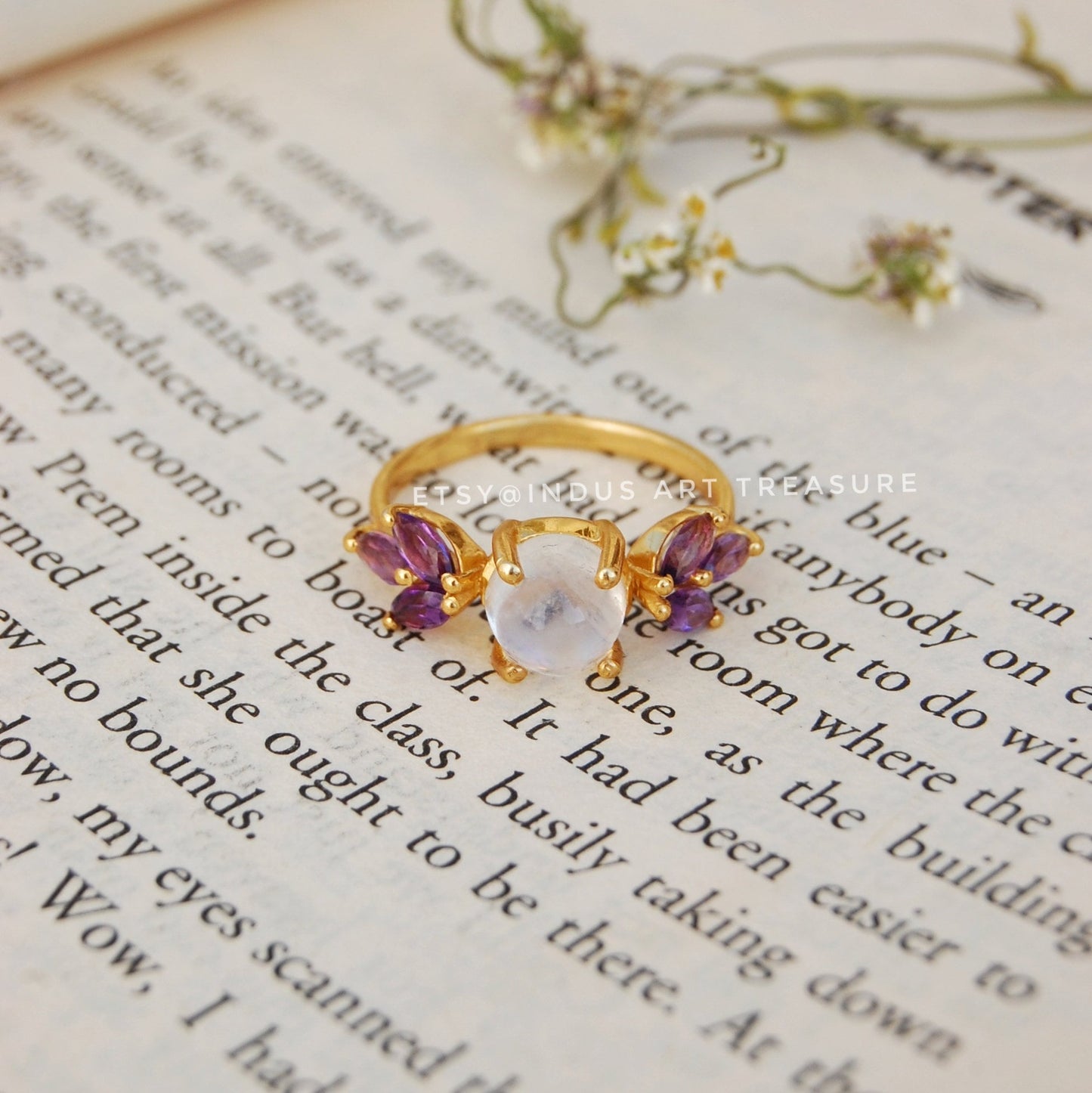 Rainbow Moonstone -Amethyst Dainty 18k Gold Plated Ring