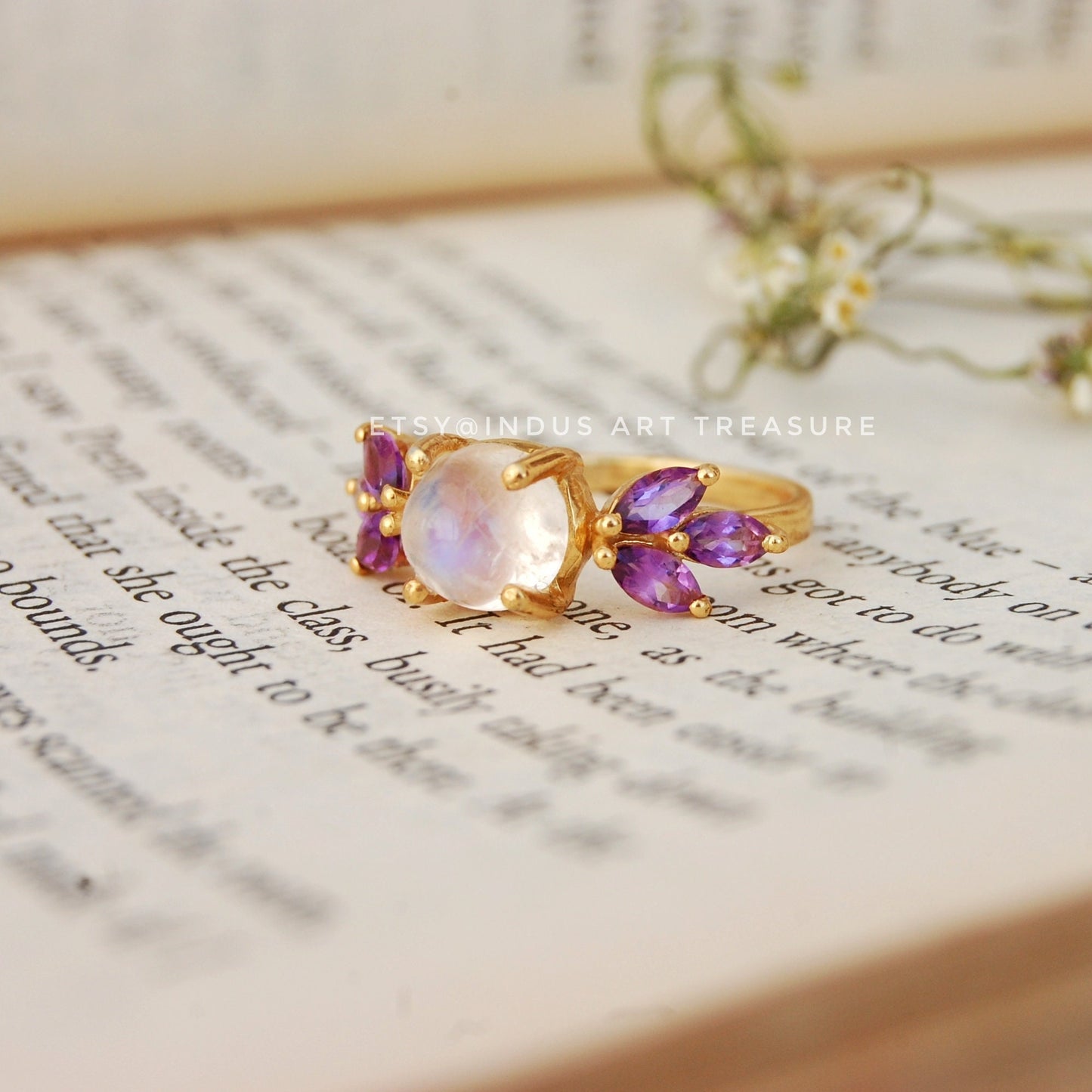 Rainbow Moonstone -Amethyst Dainty 18k Gold Plated Ring