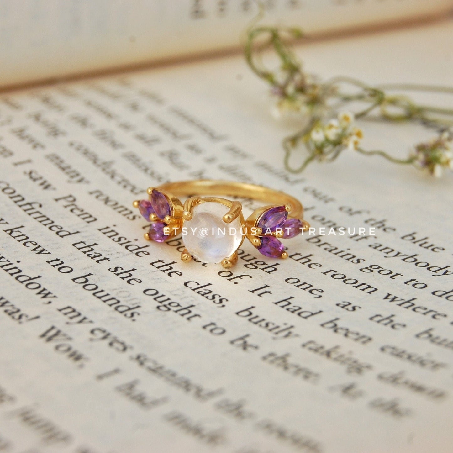 Rainbow Moonstone -Amethyst Dainty 18k Gold Plated Ring