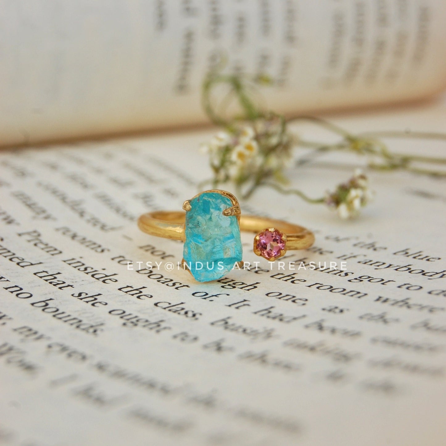 Raw Apatite- Pink Tourmaline 18k Gold Plated Ring