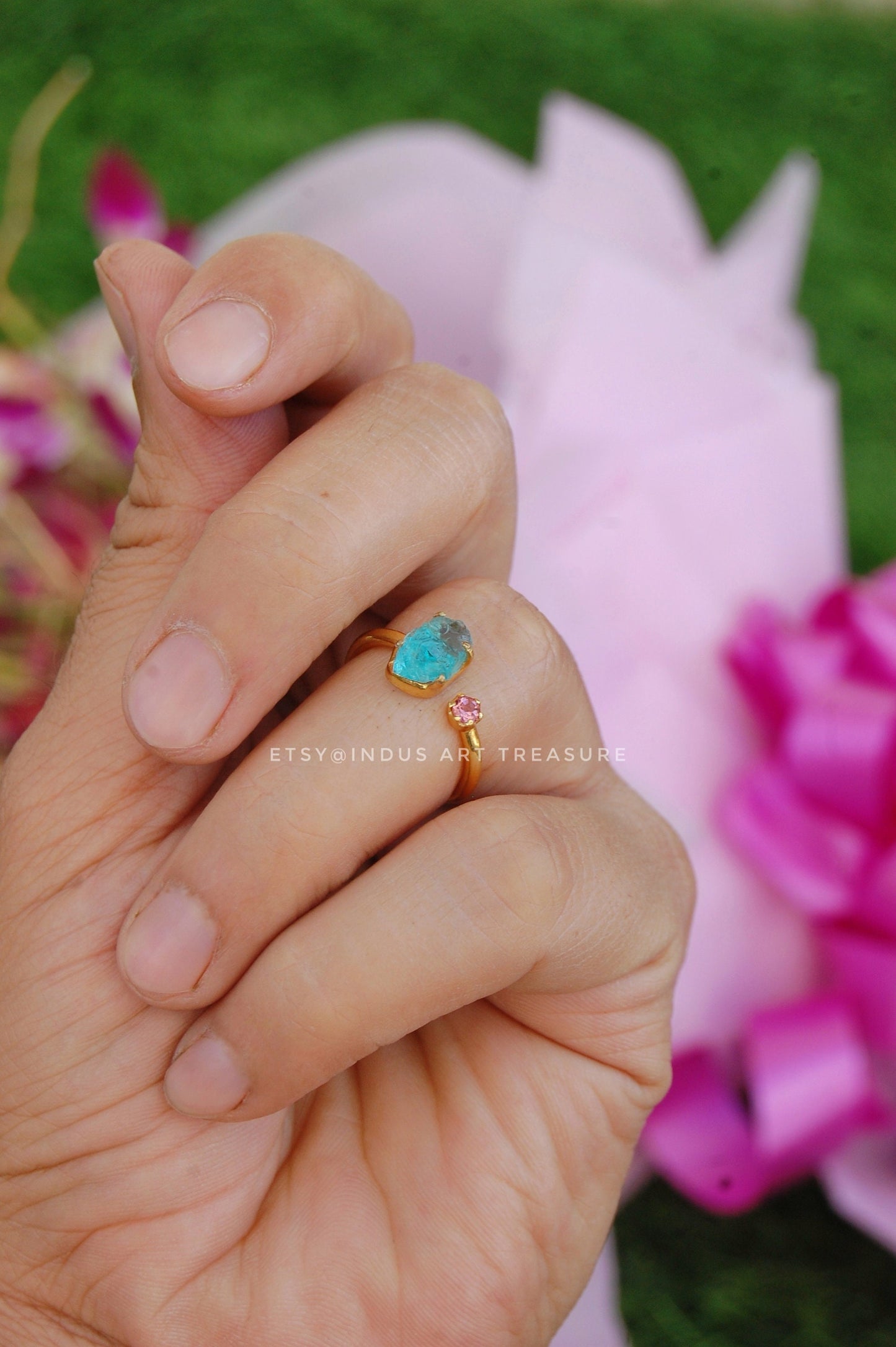 Raw Apatite- Pink Tourmaline 18k Gold Plated Ring