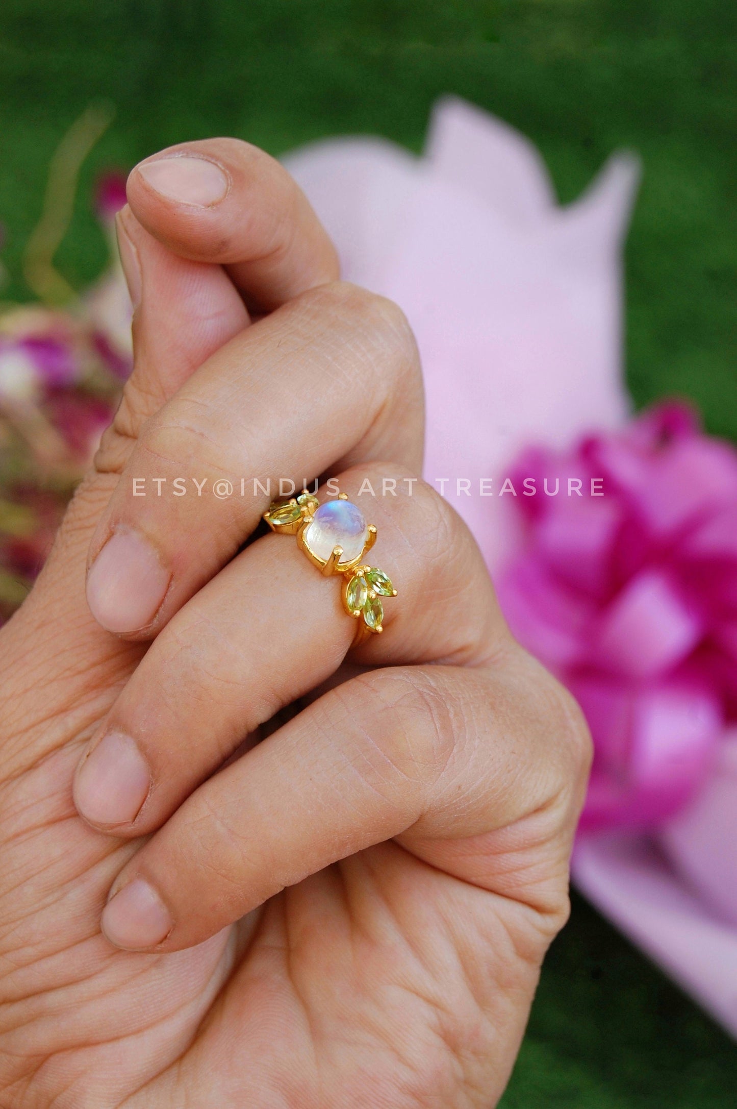 Rainbow Moonstone -Peridot Dainty Gold Plated Ring