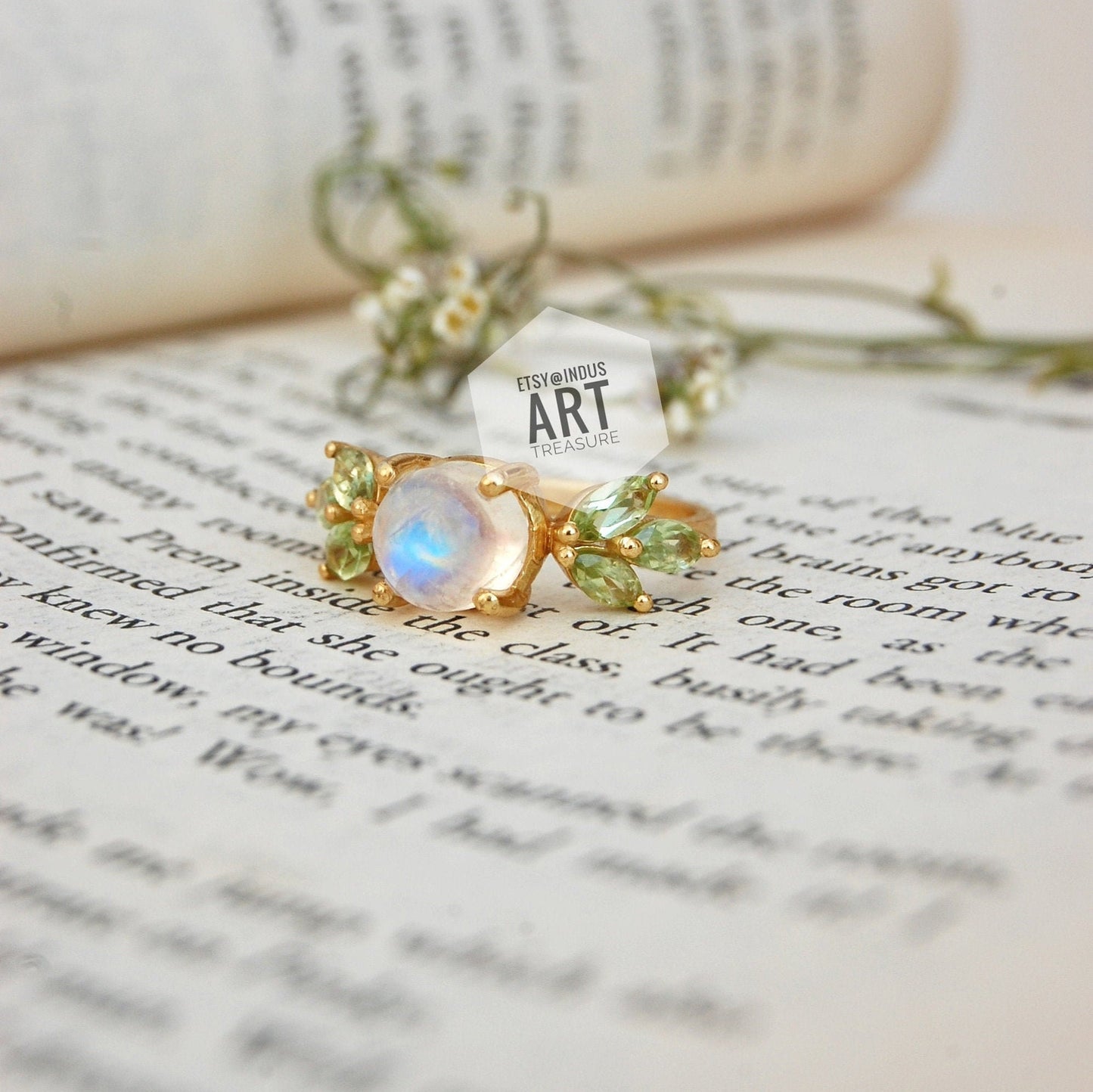 Rainbow Moonstone -Peridot Dainty Gold Plated Ring