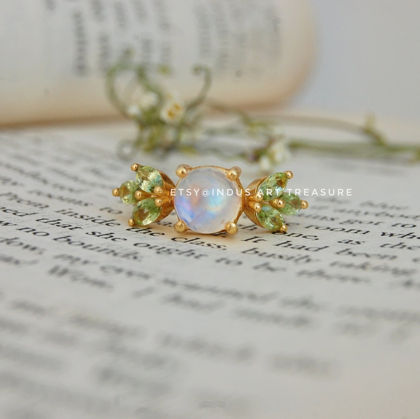 Rainbow Moonstone -Peridot Dainty Gold Plated Ring