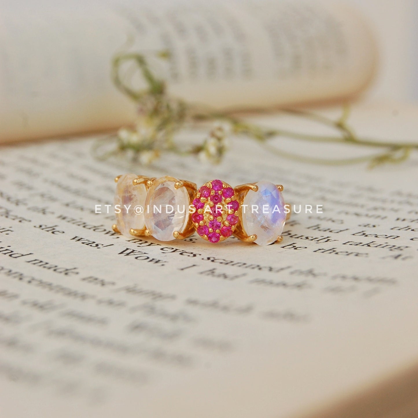 Rainbow Moonstone -Ruby Gold Plated Ring