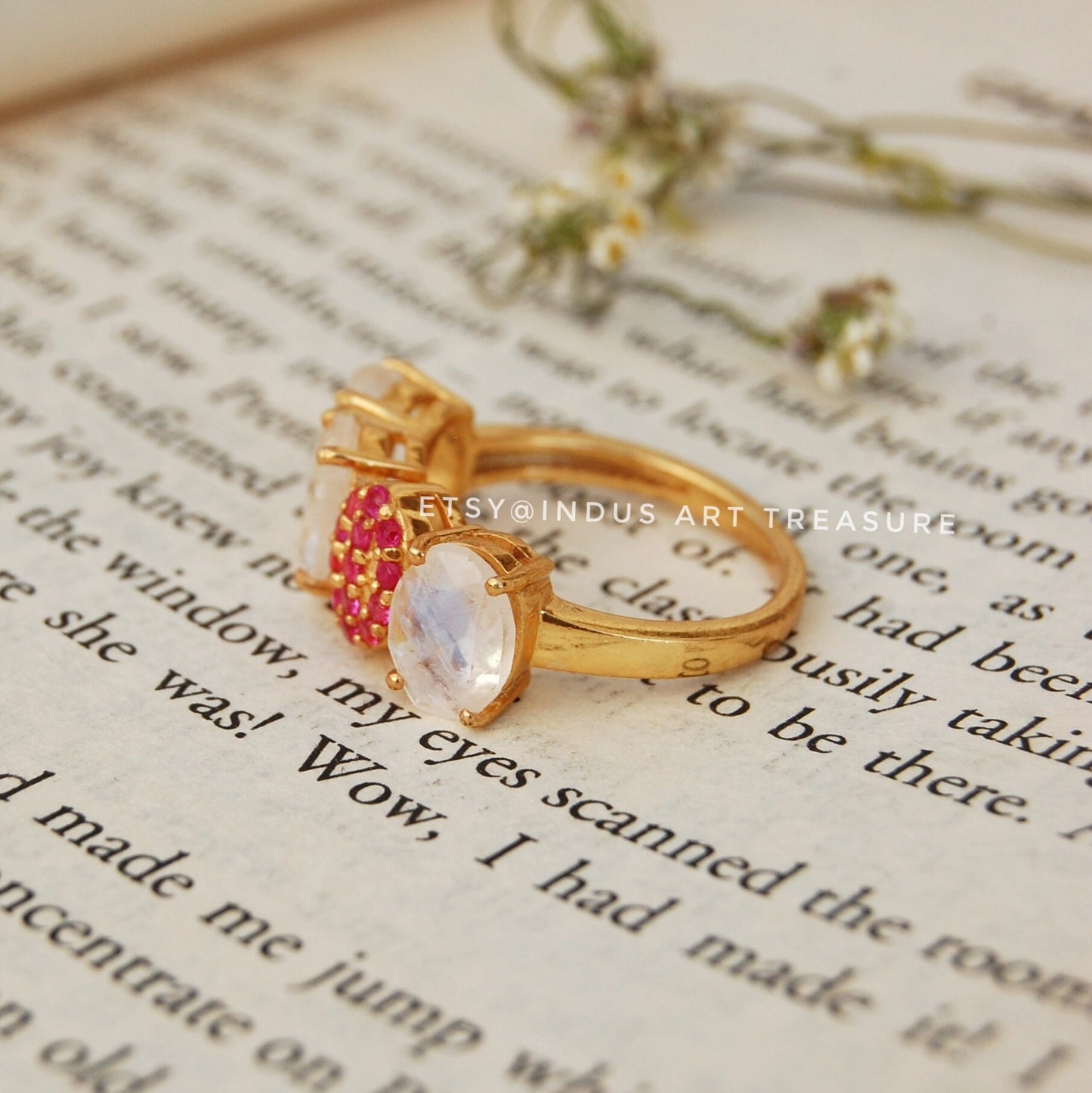 Rainbow Moonstone -Ruby Gold Plated Ring