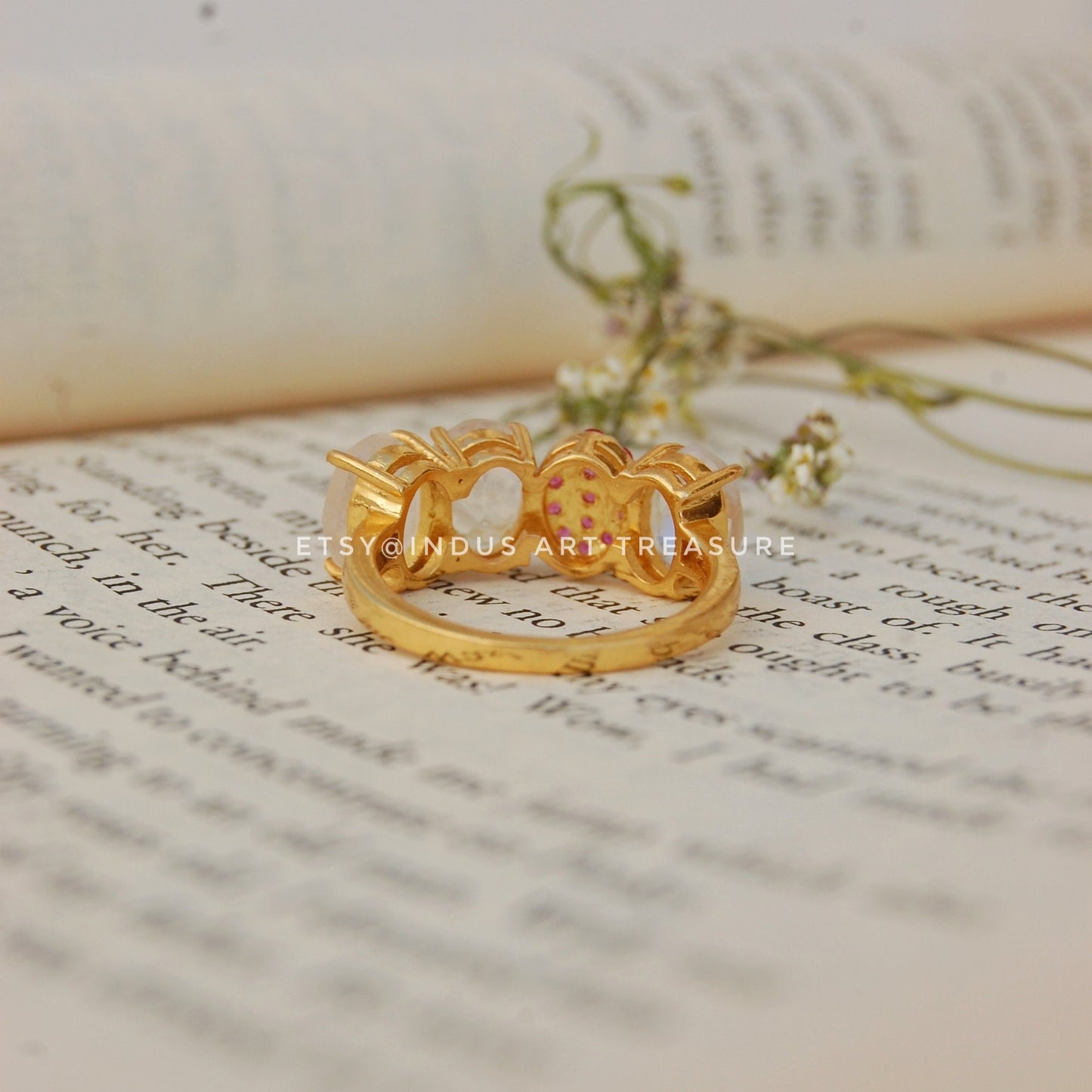 Rainbow Moonstone -Ruby Gold Plated Ring