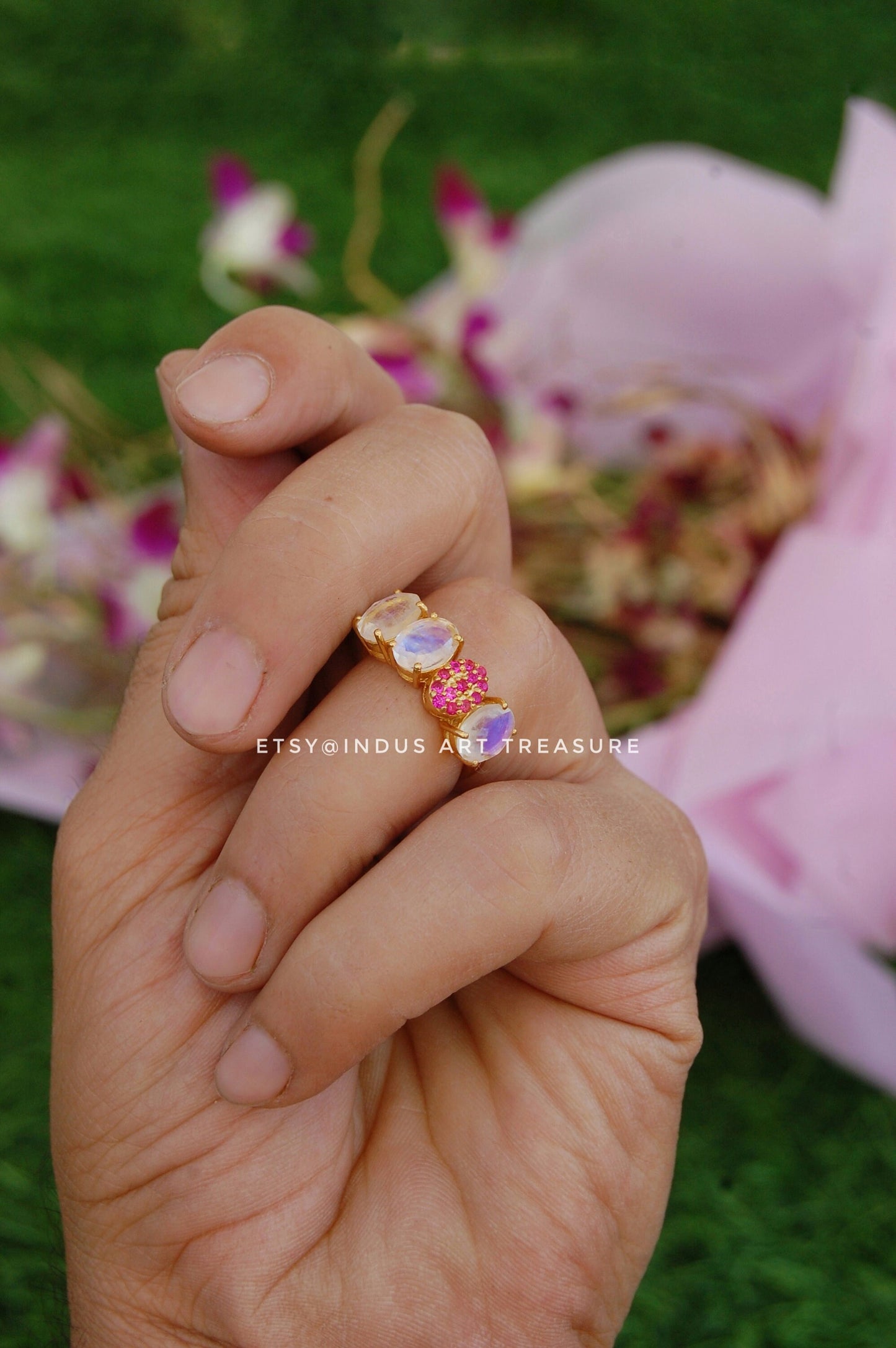 Rainbow Moonstone -Ruby Gold Plated Ring
