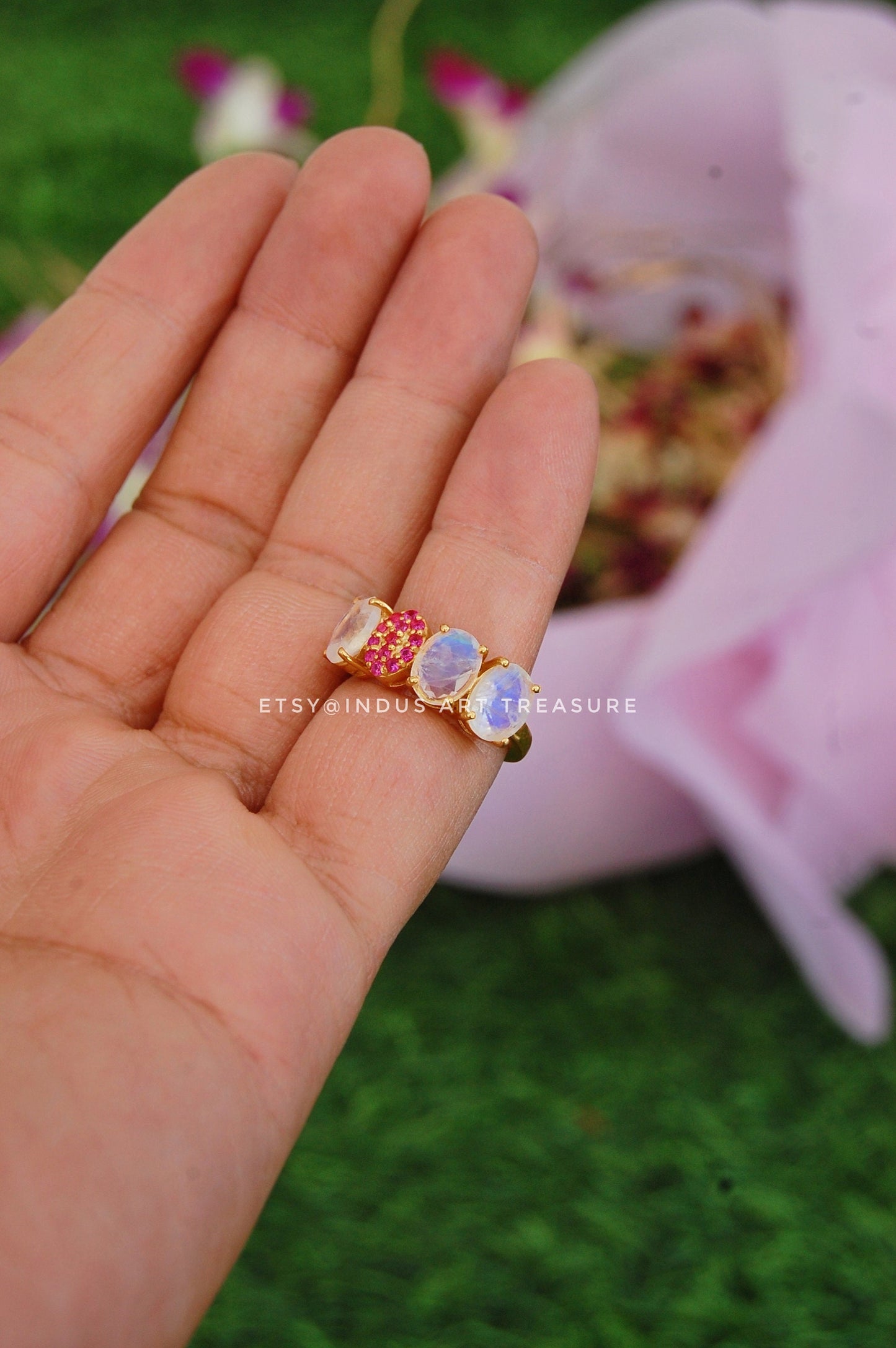 Rainbow Moonstone -Ruby Gold Plated Ring