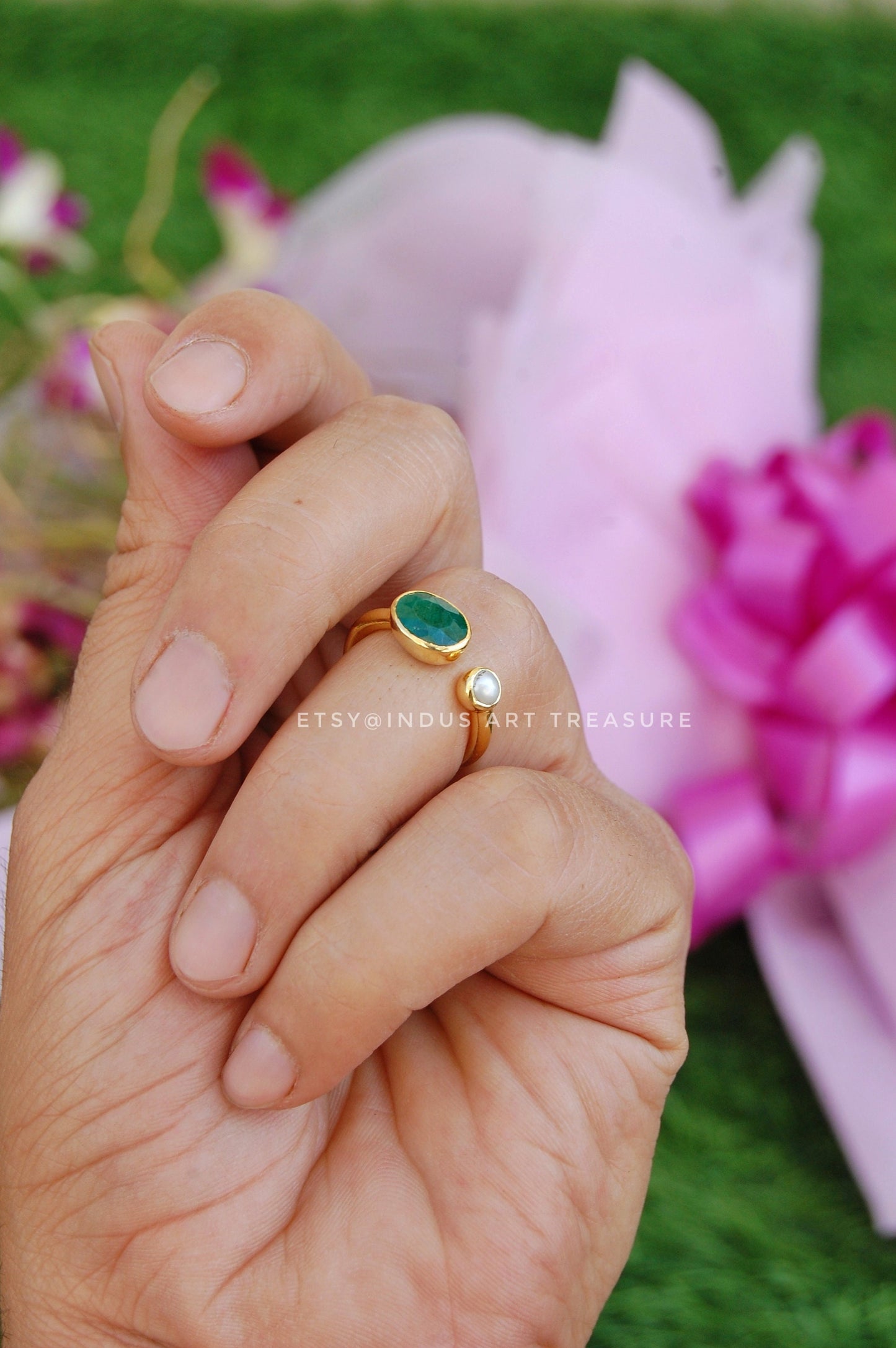 Emerald- Pearl Dainty Gold Plated Ring