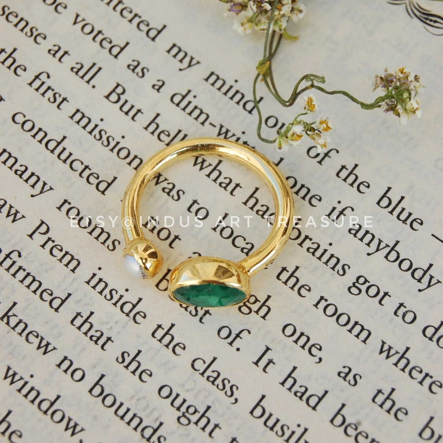 Emerald- Pearl Dainty Gold Plated Ring