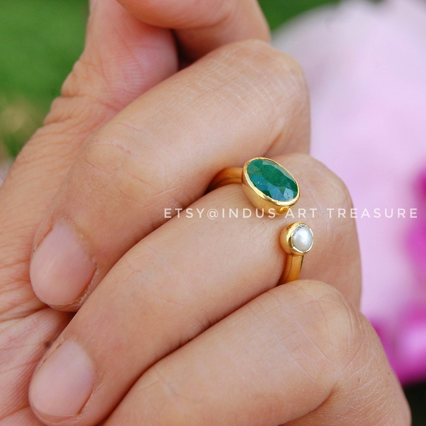 Emerald- Pearl Dainty Gold Plated Ring