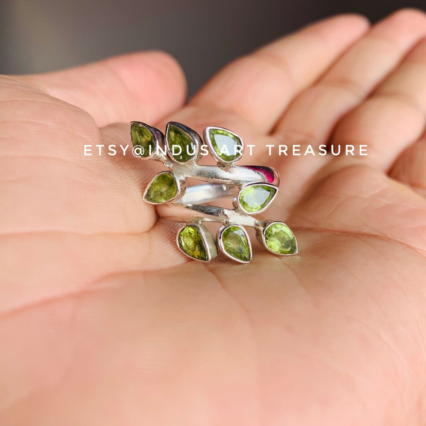 Olive Green Peridot Leaf Branch Ring