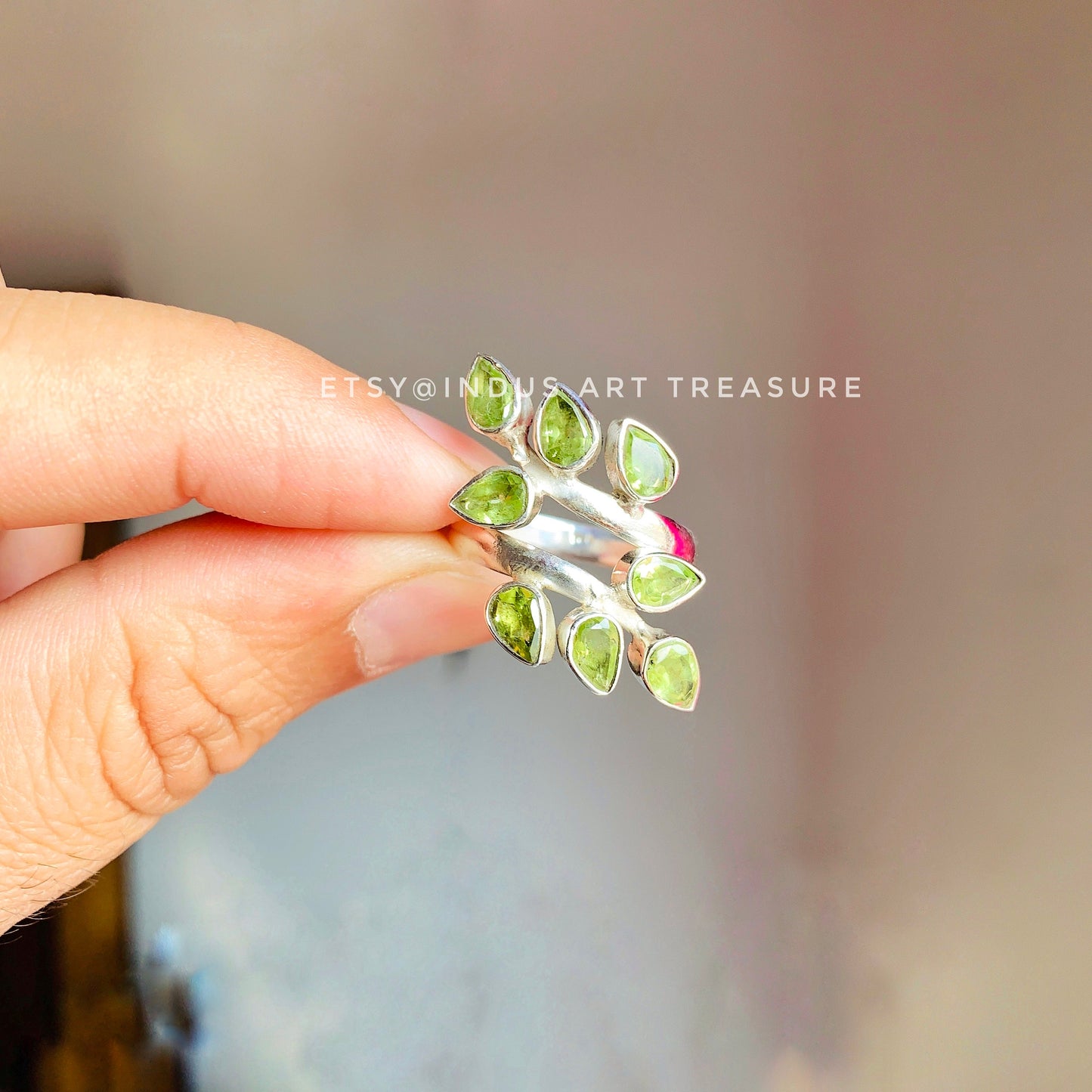 Olive Green Peridot Leaf Branch Ring