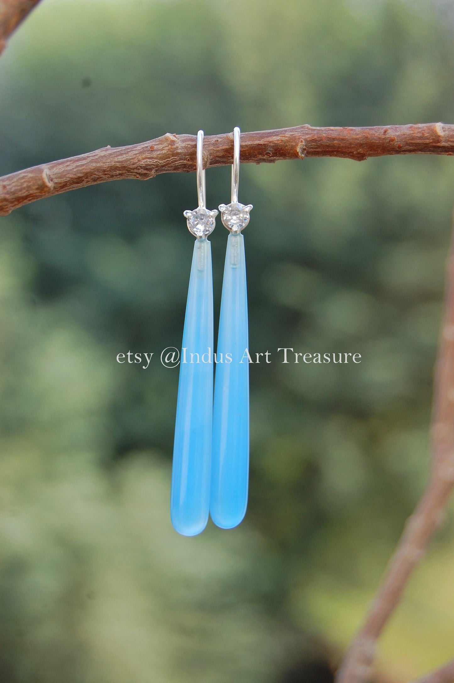 Natural Aqua Chalcedony Long Drop Earrings